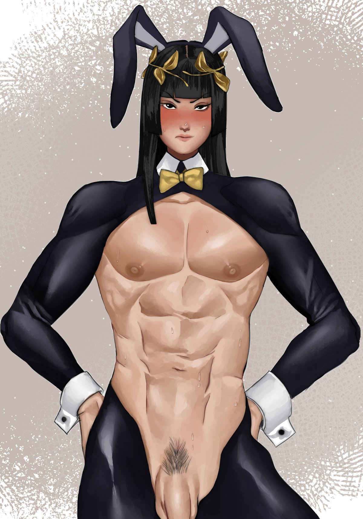 1boy abs black_hair blush bunnysuit flaccid flaccid_penis format1970_(artist) jojo's_bizarre_adventure male_only penis pubic_hair reverse_bunnysuit standing yotsuyu_yagiyama