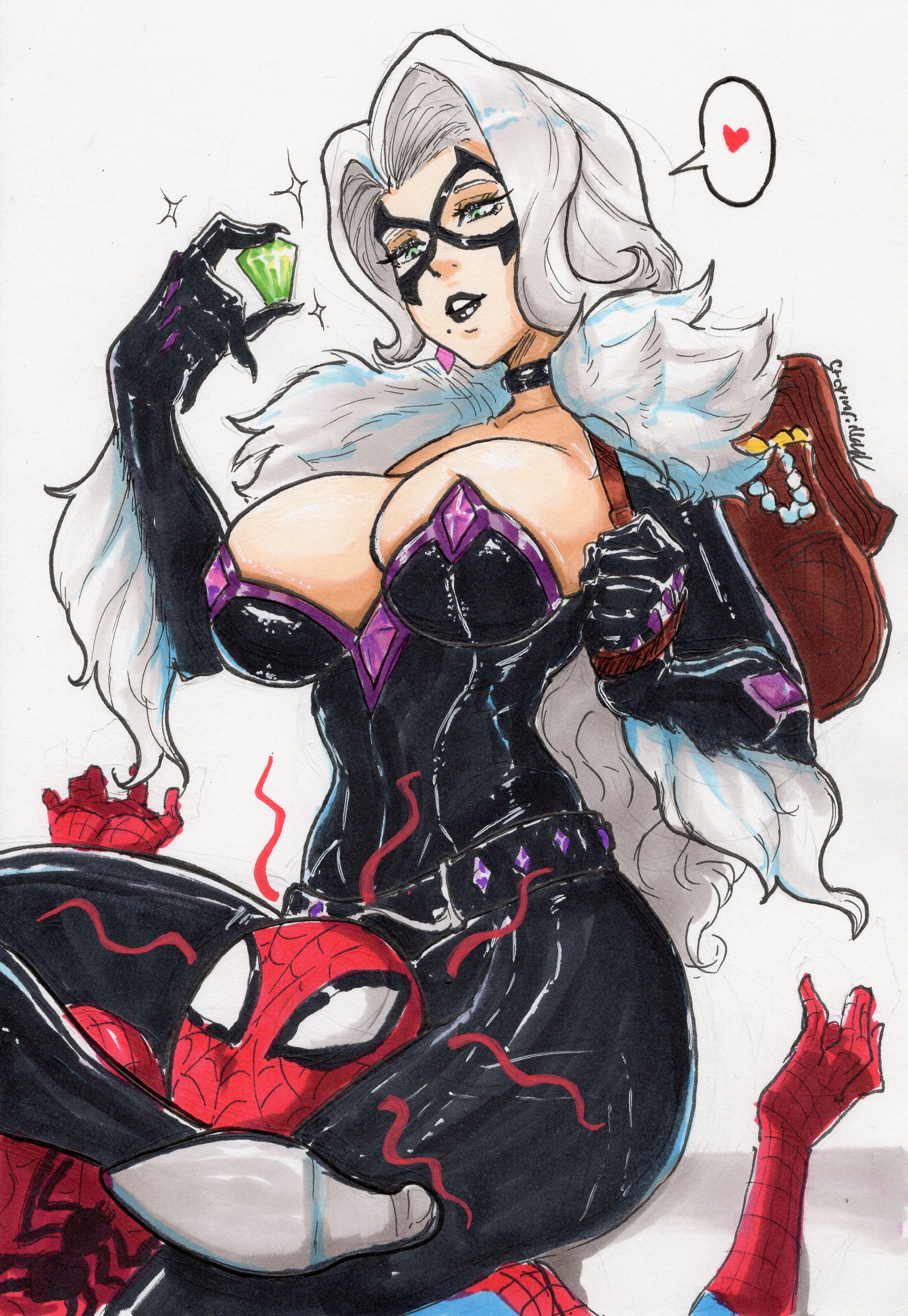 1boy, 1boy1girl, 1girl1boy, 1girls, 2026, 2d, alluring, backpack, bag, big breasts, black cat (marvel rivals), black cat (marvel), black lipstick, bodysuit, boots, breasts, bursting breasts, choker, cleavage, collar, color, colored, couple, couple (romantic), couples, curvaceous, curvaceous body, curvaceous female, curvaceous figure, curvaceous hips, curvy, curvy body, curvy female, curvy figure, curvy hips, diamond, domino mask, enticing, eyemask, felicia hardy, female, femdom, green eyes, head between thighs, hips, huge breasts, large breasts, light skin, light-skinned female, male, marvel, marvel comics, marvel rivals, mask, masked, masked female, masked male, massive breasts, netease games, peter parker, pinup, romantic, romantic couple, seducing, seductive, seductive look, shiny, shiny clothes, skin tight, spider-man, spider-man (series), stormrider, stormriderqv, straight, superhero, superhero couple, superheroine, teasing, temptation, tempting, thick, thick breasts, thick hips, thick thighs, thief, thigh squeeze, thigh squish, tight clothes, tight clothing, voluptuous, voluptuous female, white background, white fur, white hair, wide hips