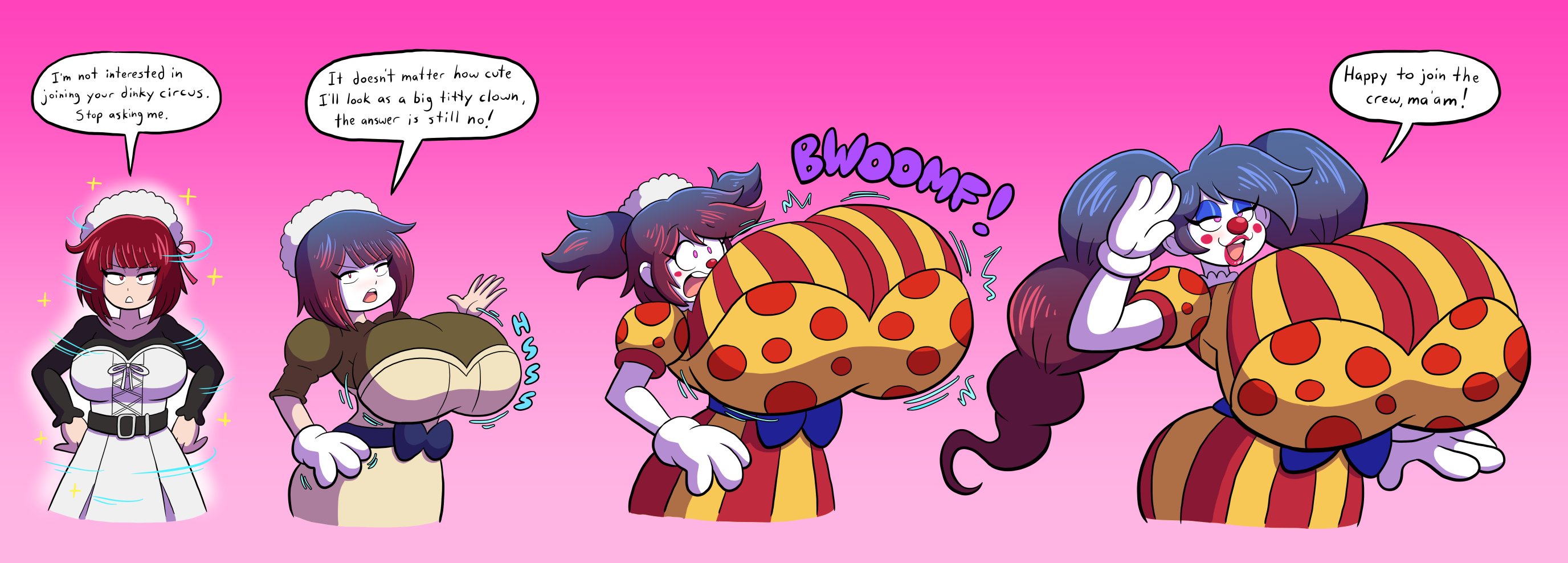 1girls, arima kana, belt, big breasts, black belt, black shirt, blue eyeshadow, blue hair, breast expansion, breasts bigger than head, breasts bigger than torso, clothed, clothed female, clothing, clothing transformation, clown, clown girl, clown makeup, clown nose, clownification, corset dress, dress, english, english text, eyeshadow, female, female only, gigantic breasts, gloves, grepstrash, hair change, hair color change, hair growth, hat, huge breasts, light skin, light skinned female, light-skinned female, lipstick, long hair, long twintails, makeup, medium hair, oshi no ko, personality change, pink eyes, pink lips, pink lipstick, prinnydood, red eyes, red hair, red nose, salute, shirt, skin color change, solo, solo female, speech bubble, text, text bubble, transformation, transformation sequence, twintails, twintails (hairstyle), two-tone hair, white dress, white gloves, white skin, white skinned female, white-skinned female
