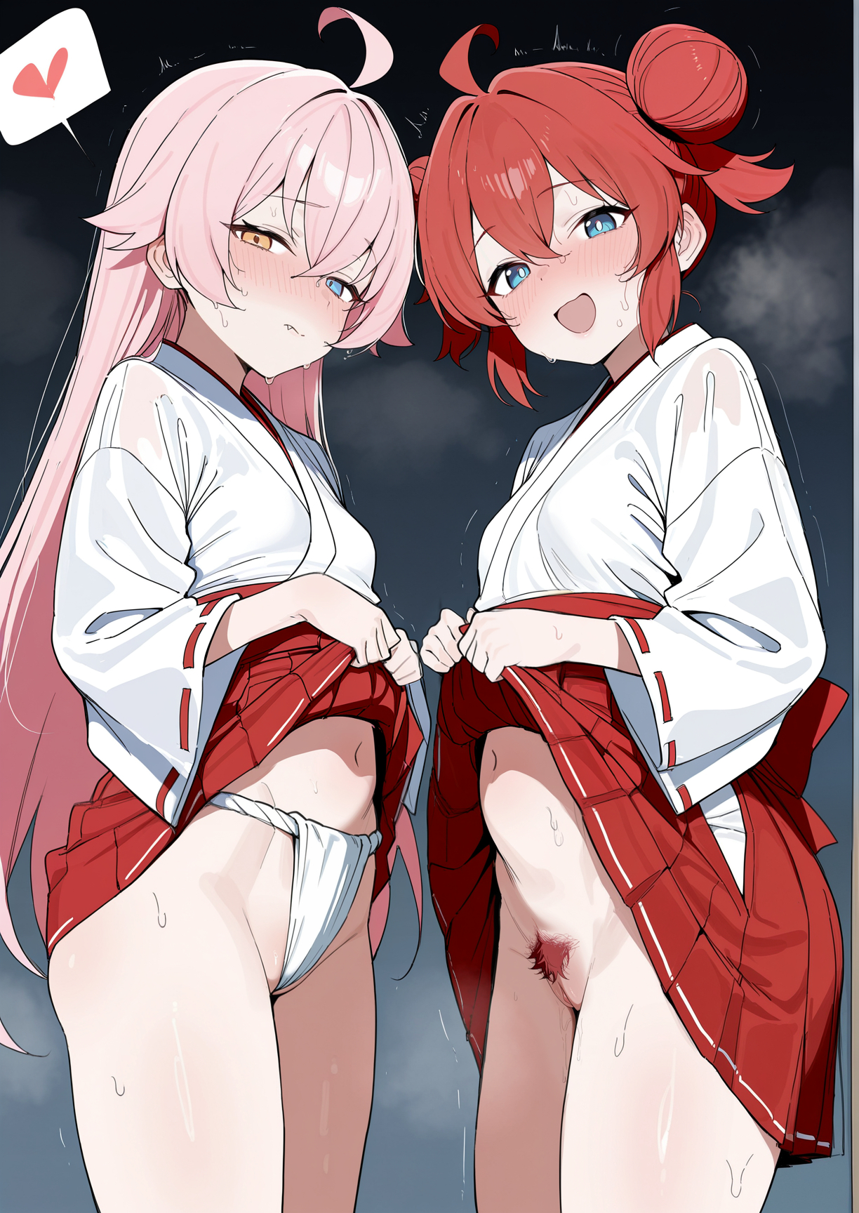 2girls, absurdres, ahoge, ai, ai generated, blue archive, blue eyes, blush, clitoris, closed mouth, dark background, double bun, excessive pubic hair, female pubic hair, fundoshi, groin, hair between eyes, heart, heterochromia, highres, hoshino (blue archive), hot, humid, japanese clothes, looking at viewer, maki (blue archive), midriff, miko, motion lines, multiple girls, navel, no panties, nose blush, oerba yun fang, open mouth, partially visible vulva, pink hair, pleated skirt, pussy, red bow, red hair, red skirt, short hair, sidelocks, simple background, skirt lift, small breasts, smile, spoken heart, standing, steam, steaming body, straight hair, sweat, sweatdrop, thighs, very long hair, very sweaty, wedgie, wet skin, white kimono, wide sleeves, yellow eyes