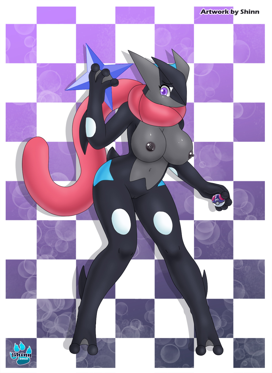 alternate_color amphibian anthro anthrofied breasts female frog greninja large_breasts ninja nintendo pinup pokémon_(species) pokemon pokemon_(species) pokemorph pose pussy shinn shiny shiny_greninja shiny_pokemon