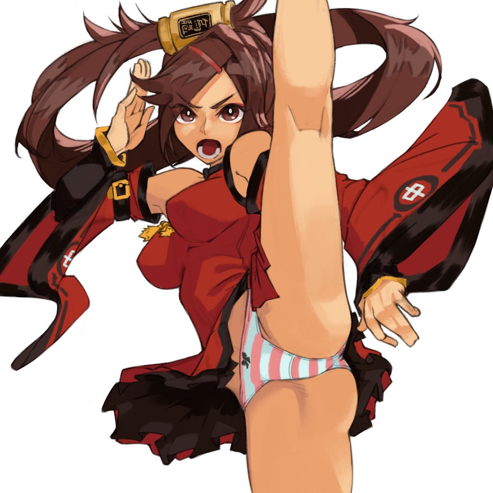 1girls breasts brown_eyes brown_hair chinese_clothes chinese_female dress female female_only guilty_gear guilty_gear_xrd kicking kuradoberi_jam legs long_hair panties pantyshot pantyshot_(kicking) red_dress striped_panties toshio twintails underwear upskirt white_panties white_underwear