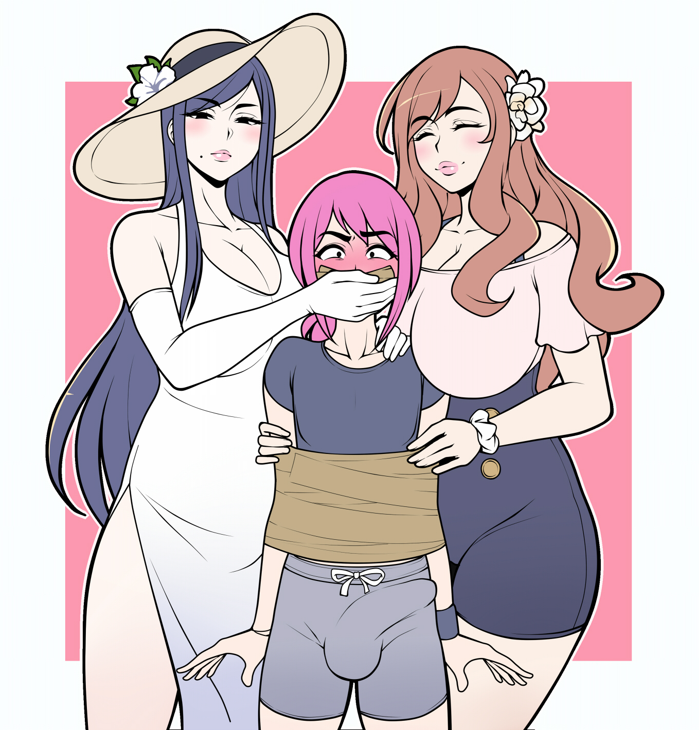 1boy, 2girls, big breasts, celine (jam-orbital), erect penis, female, femboy, femboysub, femdom, gagged femboy, jam-orbital, lash (jam-orbital), malesub, nozomi (jam-orbital), submissive male