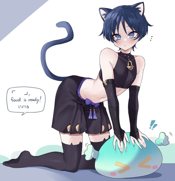 1boy, 1femboy, ass, black socks, blue eyes, btms666, cat ears, cat tail, catboy, cute, cute expression, cute eyes, cute face, cute male, femboy, genshin impact, hoyoverse, light-skinned male, looking at viewer, male, male only, mihoyo, playing, scaramouche (genshin impact), skirt, slime (genshin impact), socks, solo, solo male, tongue, wanderer (genshin impact)