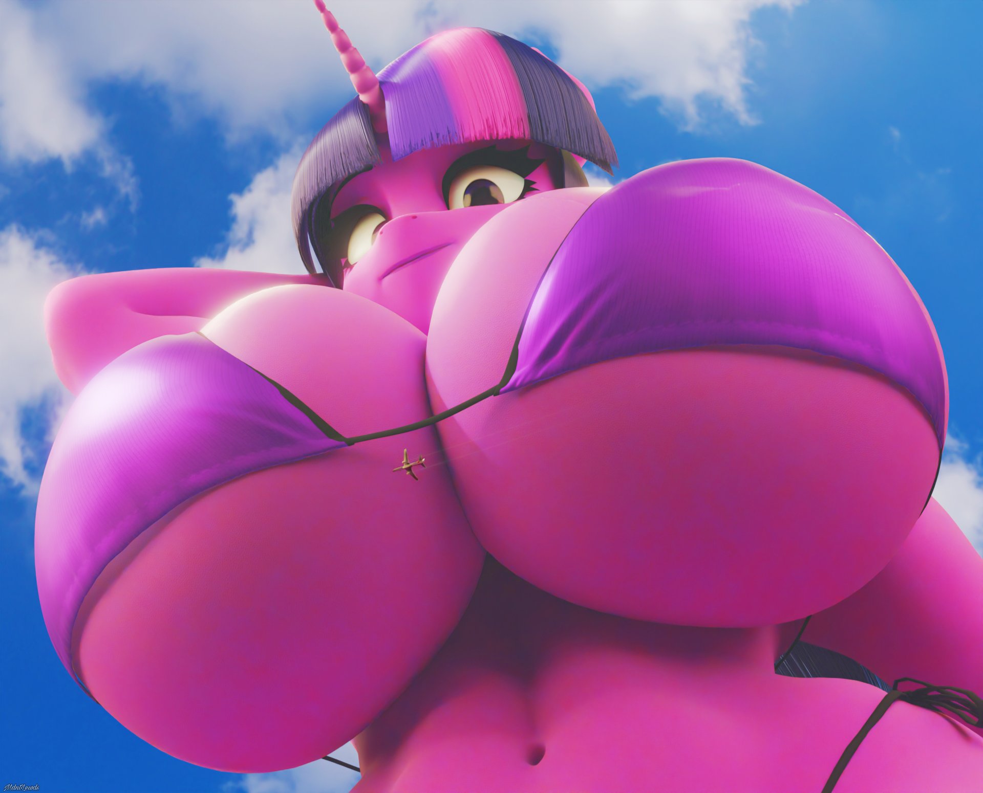 1girls, 3d, 3d (artwork), airplane, anthro, anthro female, big breasts, bikini, bikini top, breasts, female, friendship is magic, giantess, giga giantess, growing, growth, horn, horned female, large boobs, large breasts, long hair, long hair female, long-haired female, looking down, mdntlewds, my little pony, plane, purple body, purple skin, purple skinned female, scrag boy (model), scrag twilight sparkle, swimsuit, swimwear, twilight sparkle (mlp), unicorn, unicorn horn