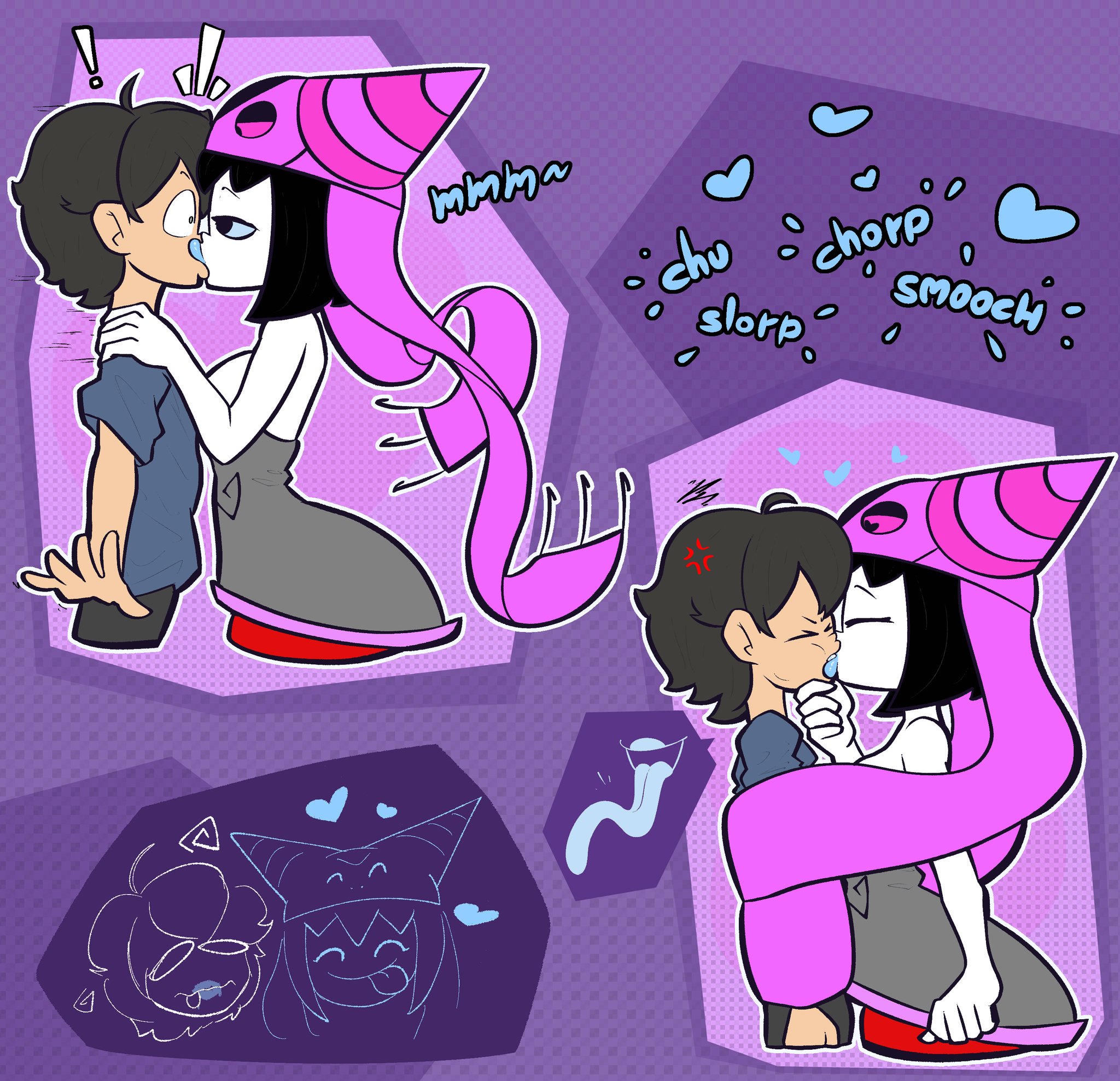 1boy, 1girls, 2d, 2d (artwork), bare shoulders, black hair, black hair female, digital drawing (artwork), duo, duo focus, female, hero: 108, human, human only, kissing, male, male/female, mk210, mwah, mystique sonia, short hair, short hair female, short hair male, smooch, white skin