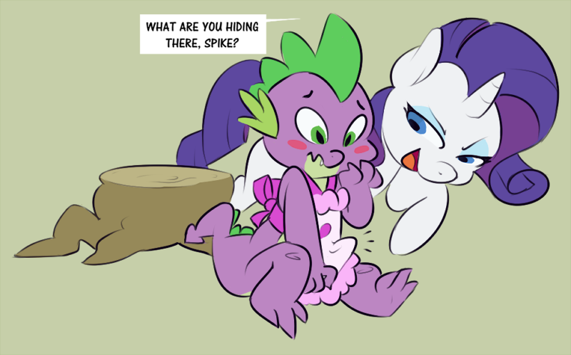 2015 apron blush bulge clothing duo equine erection female feral friendship_is_magic fur green_eyes hair horn horse male mammal my_little_pony penis ponchuzn pony rarity_(mlp) spike_(mlp) text unicorn white_fur