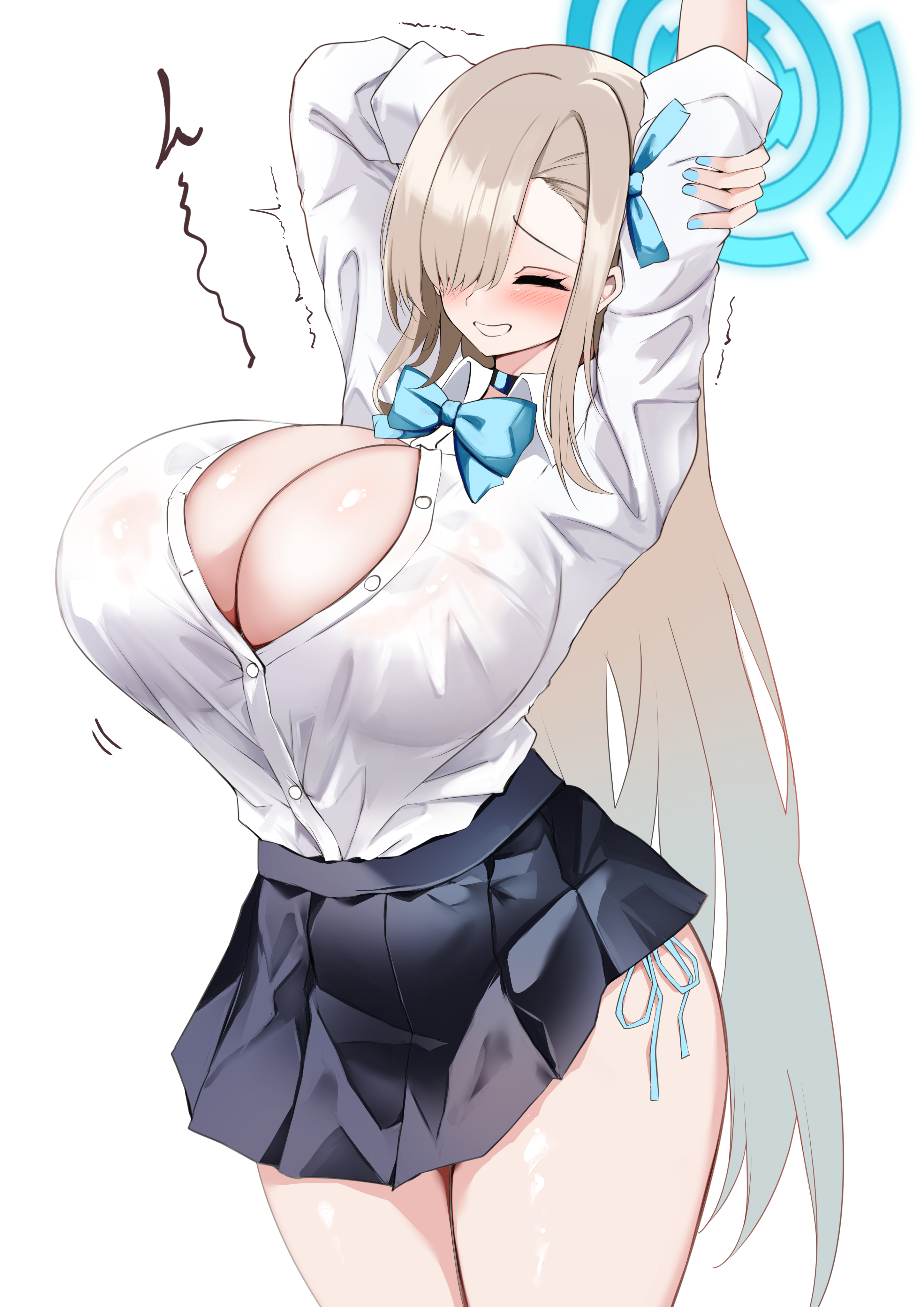 absurdres, arms behind head, asuna (blue archive), asuna (school uniform) (blue archive), blonde hair, blue archive, blue bow, blue bowtie, blue halo, blue nails, blue ribbon, blush, bow, bowtie, breasts, cleavage, closed eyes, commentary request, curvy, female, hair over one eye, hair ribbon, halo, highres, kokihanada, large breasts, long hair, mole, mole on breast, neck ribbon, nipples, open clothes, open shirt, panties, pleated skirt, popped button, ribbon, school uniform, side-tie panties, simple background, skirt, smile, solo, stretching, thick thighs, thighs, underwear, very long hair, white background