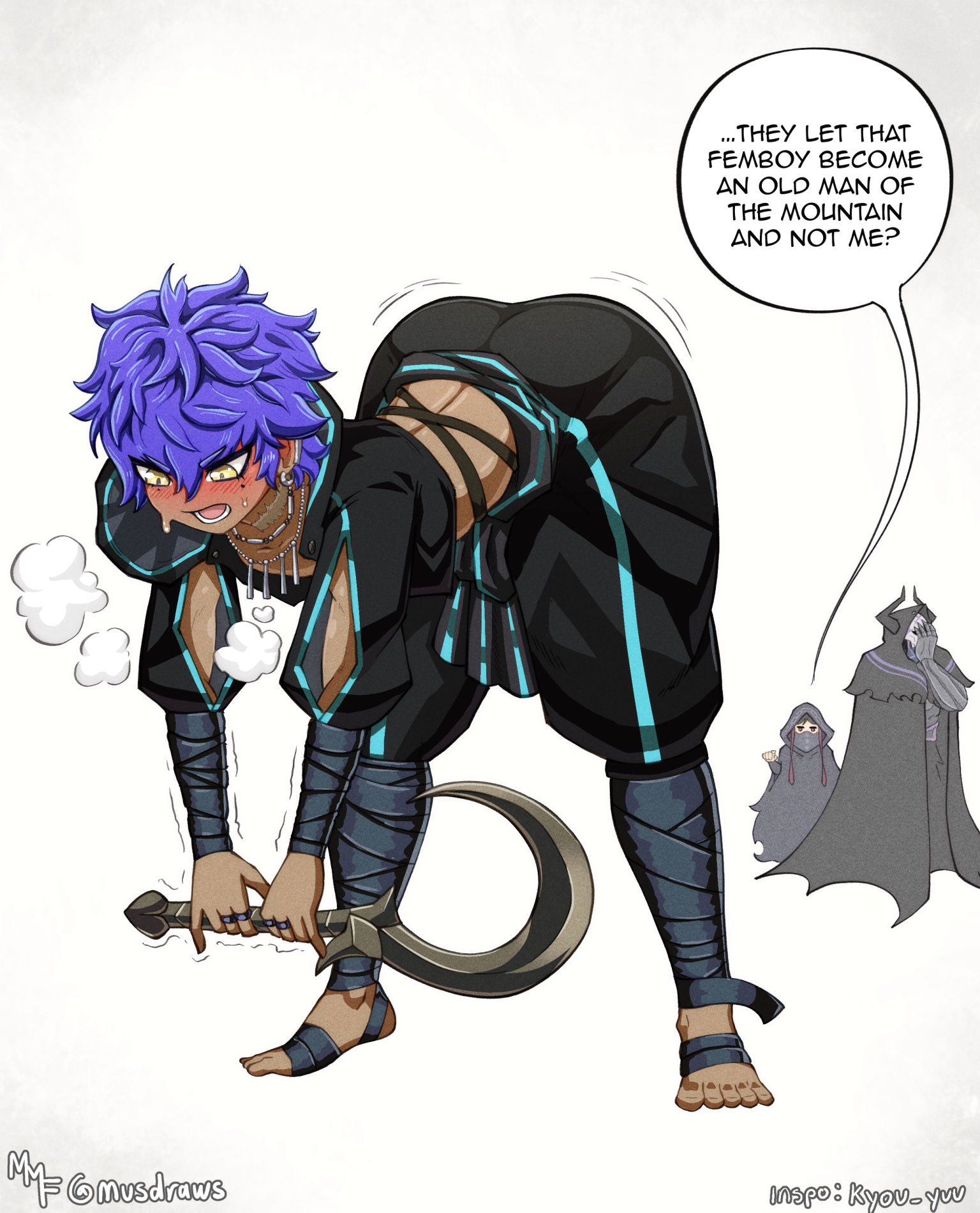 1girls, 2boys, arab male, arched back, barefoot, beauty mark, big butt, black femboy, blue hair, blush, dark-skinned femboy, dark-skinned male, dark-skinned twink, earrings, fate (series), fate/grand order, fate/strange fake, feet, femboy, feminine male, hassan of the shining star, hijab, hijabi, huge butt, humiliated, humiliation, kashimo the bum pose, king hassan, meme, musdraws, necklace, no name assassin (fate), panting, revealing clothes, simple background, sticking out ass, sweat, sweating, trembling, weak male, yellow eyes