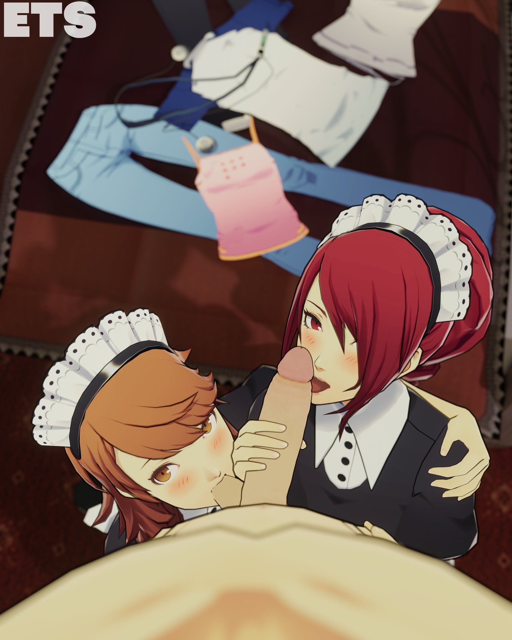 2girls, blowjob, brown eyes, brown hair, cfnm, clothed female nude male, clothes on floor, double blowjob, eulathighstraps, licking penis, looking at partner, looking at viewer, maid, maid uniform, makoto yuki, mitsuru kirijo, only one naked, persona, persona 3, red eyes, red hair, sucking balls, sucking testicles, yukari takeba