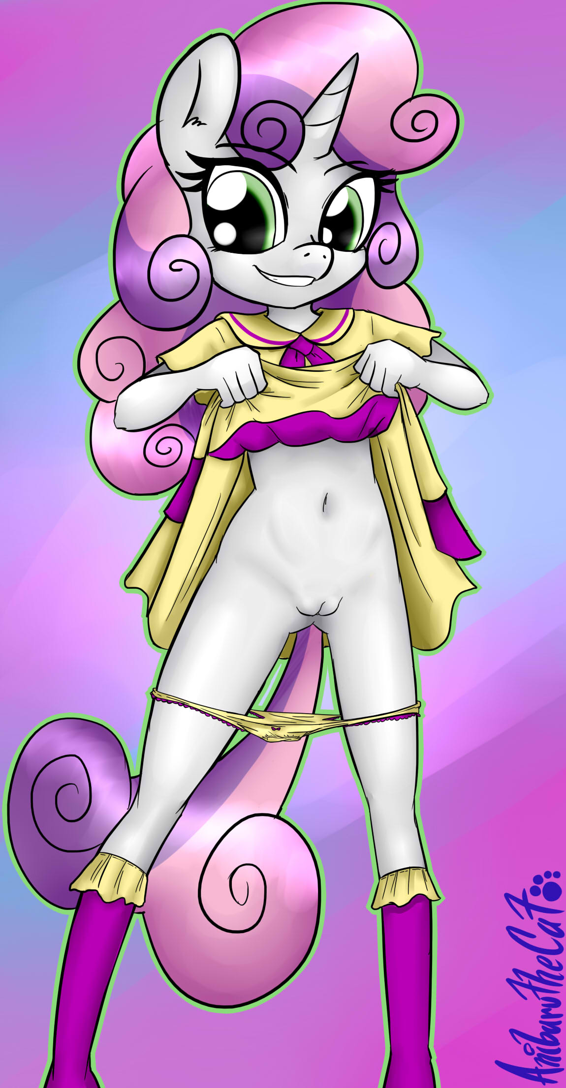 2015 anibaruthecat anthro anthrofied clothing equine female friendship_is_magic green_eyes hair hair_on_head horn long_hair mammal my_little_pony navel panties panties_down pussy smile solo sweetie_belle_(mlp) two_tone_hair underwear unicorn young