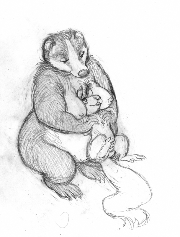 2015 badger balls blush breasts duo female feral fur hindpaw holding male mammal monochrome mustelid nude oddwilds overweight paws pencil_(artwork) plain_background rodent size_difference sketch smile squirrel traditional_media_(artwork)