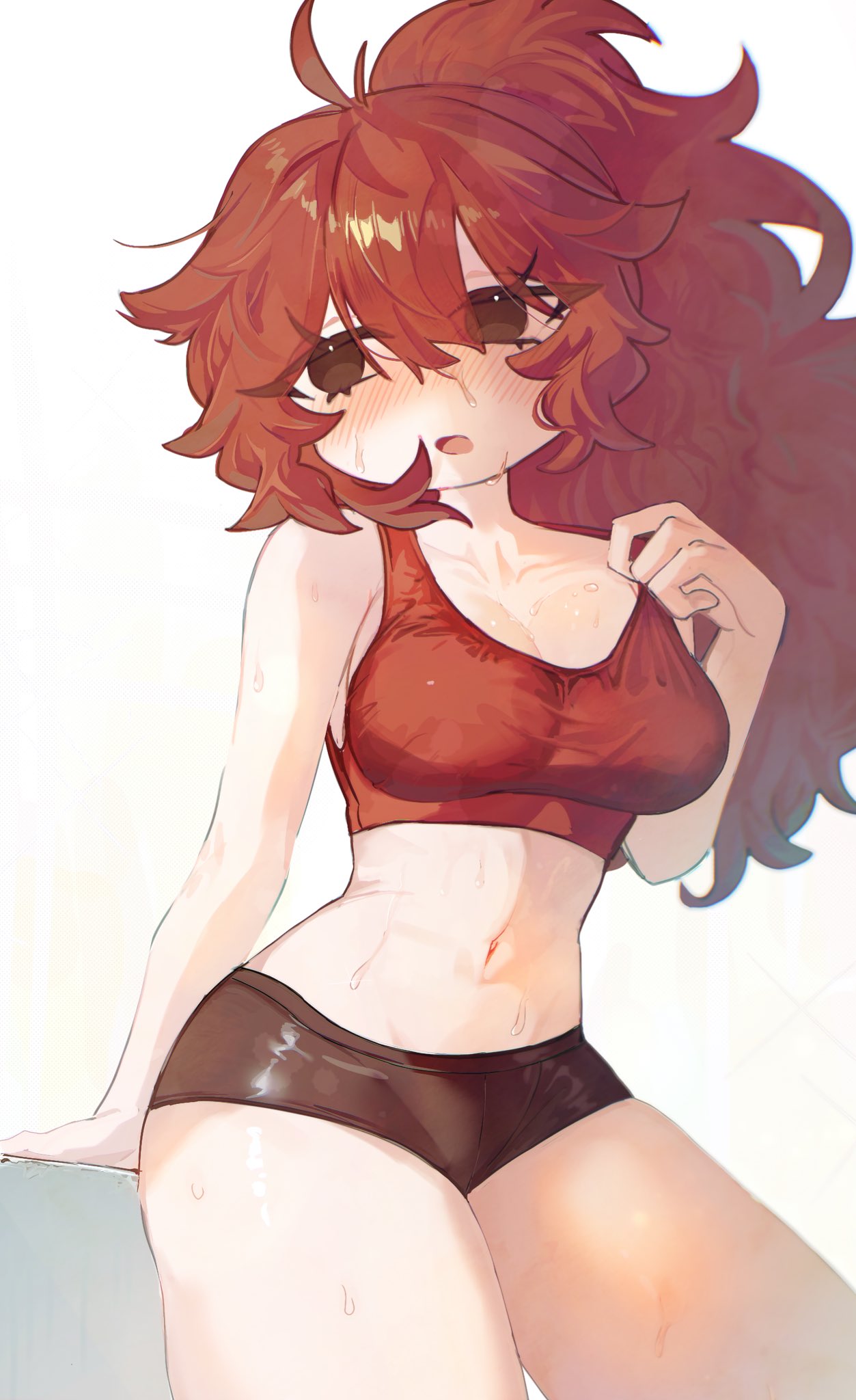 1female, 1females, 1girls, alternate hairstyle, ass, black shorts, breasts, brown eyes, brown hair, female, friday night funkin, girl, girlfriend (friday night funkin), gym clothing, gym shorts, hiratsuki0523, long hair, medium breasts, ponytail, red topwear, shorts, thicc thighs, thick thighs, thighs, voluptuous, white background, white skin, white skinned, white skinned female