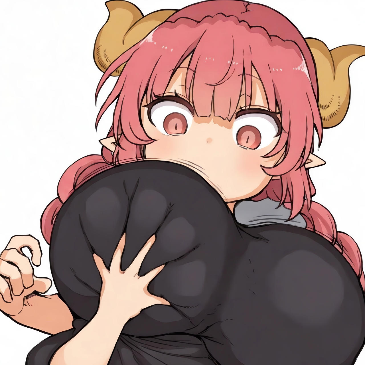 1girls, big breasts, breast grab, breasts, cool-kyou shinja, embarrassed, female, female focus, female only, horn, horns, ilulu (dragon maid), ilulu (maidragon), kobayashi-san chi no maidragon, playing, playing with breasts, touching breast