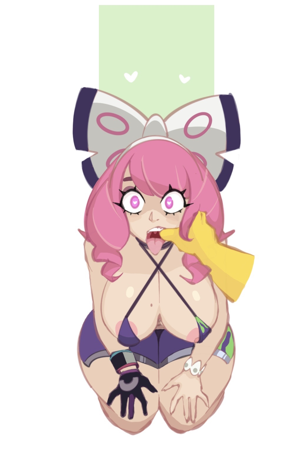 athletic shorts, butterfly hair ornament, female, female only, feral pov, finger in mouth, fishhooking, gloves, glowing eyes, gym shorts, heart-shaped pupils, hypno, hypnosis, imminent oral, imminent rape, klara (pokemon), kneeling, kurara (pokemon), micro bikini, mind control, mole on breast, nipple slip, nipples, open mouth, pink eyes, pink hair, pokemon, pokemon ss, pokemon swsh, pov, pov hands, short hair, shorts, sleeper, sleeper (pokemon), sodapoparts, teeth, thick thighs, thighs, tongue out