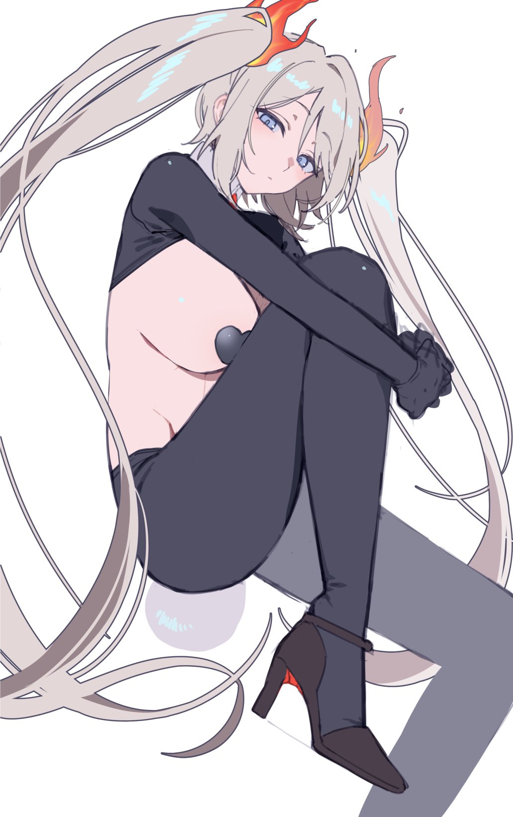 chunta, faust (limbus company), flaming hair, high heels, limbus company, pasties, project moon, reverse bunnysuit, stockings, twintails