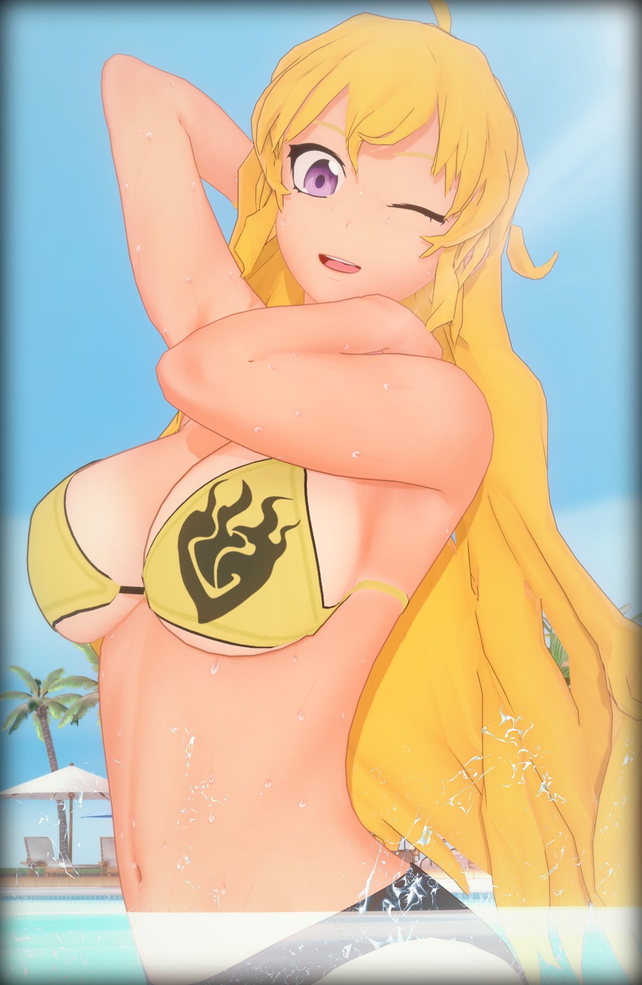 1girls, 3d, armpits, arms behind head, big breasts, bikini, bikini bottom, bikini top, blonde female, blonde hair, breasts, busty, cleavage, female, large breasts, long hair, long-haired female, looking at viewer, navel, nyxxzeiss, open mouth, pool, purple eyes, rwby, sensual, sexy, sexy armpits, sexy pose, smile, solo female, teeth, toned, tongue, wet, wet body, yang xiao long, yellow bikini