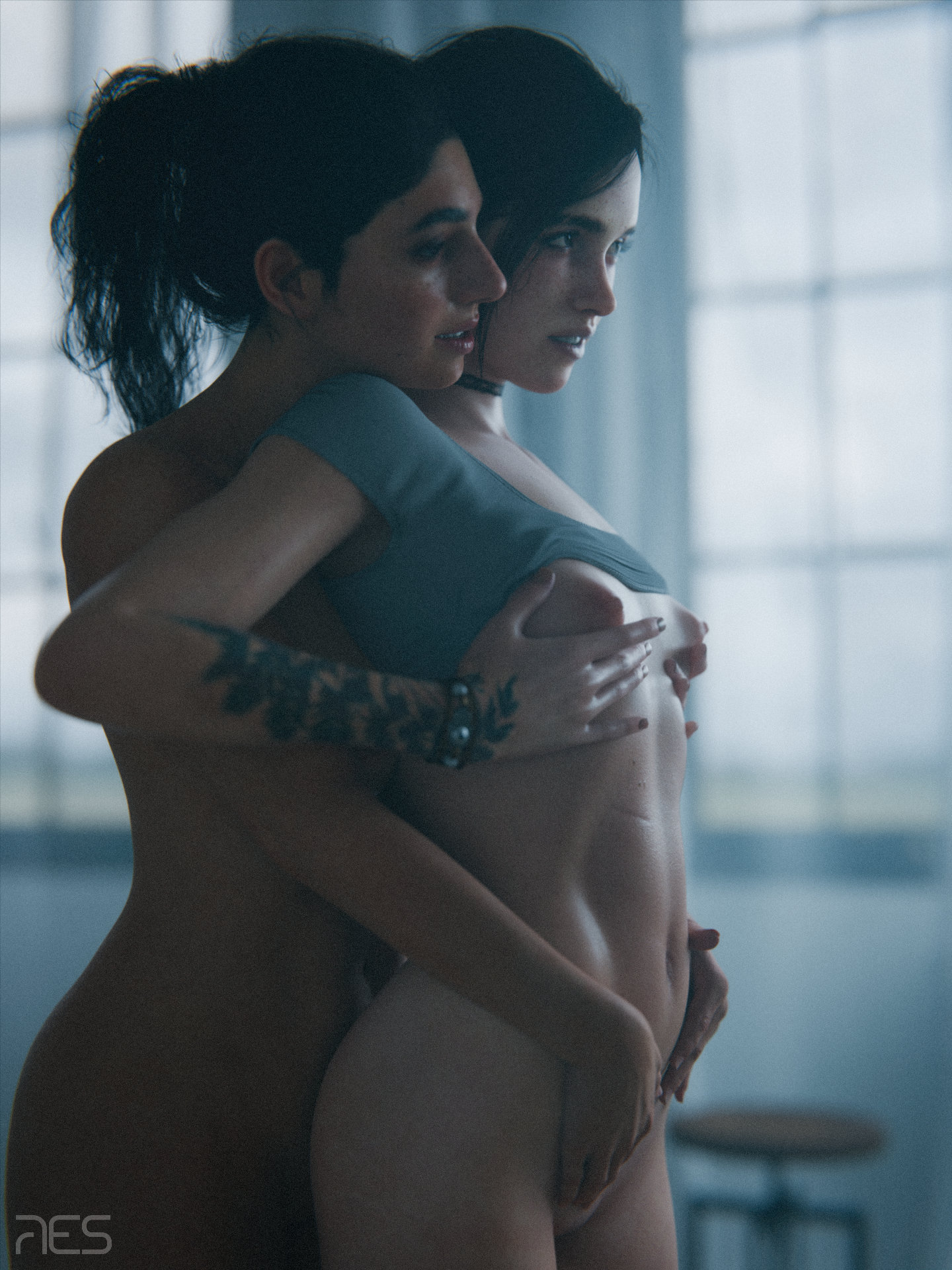 2girls, 3d, abs, black hair, brown hair, canon couple, dark skin, dark-skinned female, dina (the last of us), ellie (the last of us), ellie williams, female, female only, female torso, legs, lesbian, lesbians, light skin, light-skinned female, middle eastern, realistic, res (artist), skinny, slim, standing, the last of us, thighs, toned, toned female, witcherres, yuri