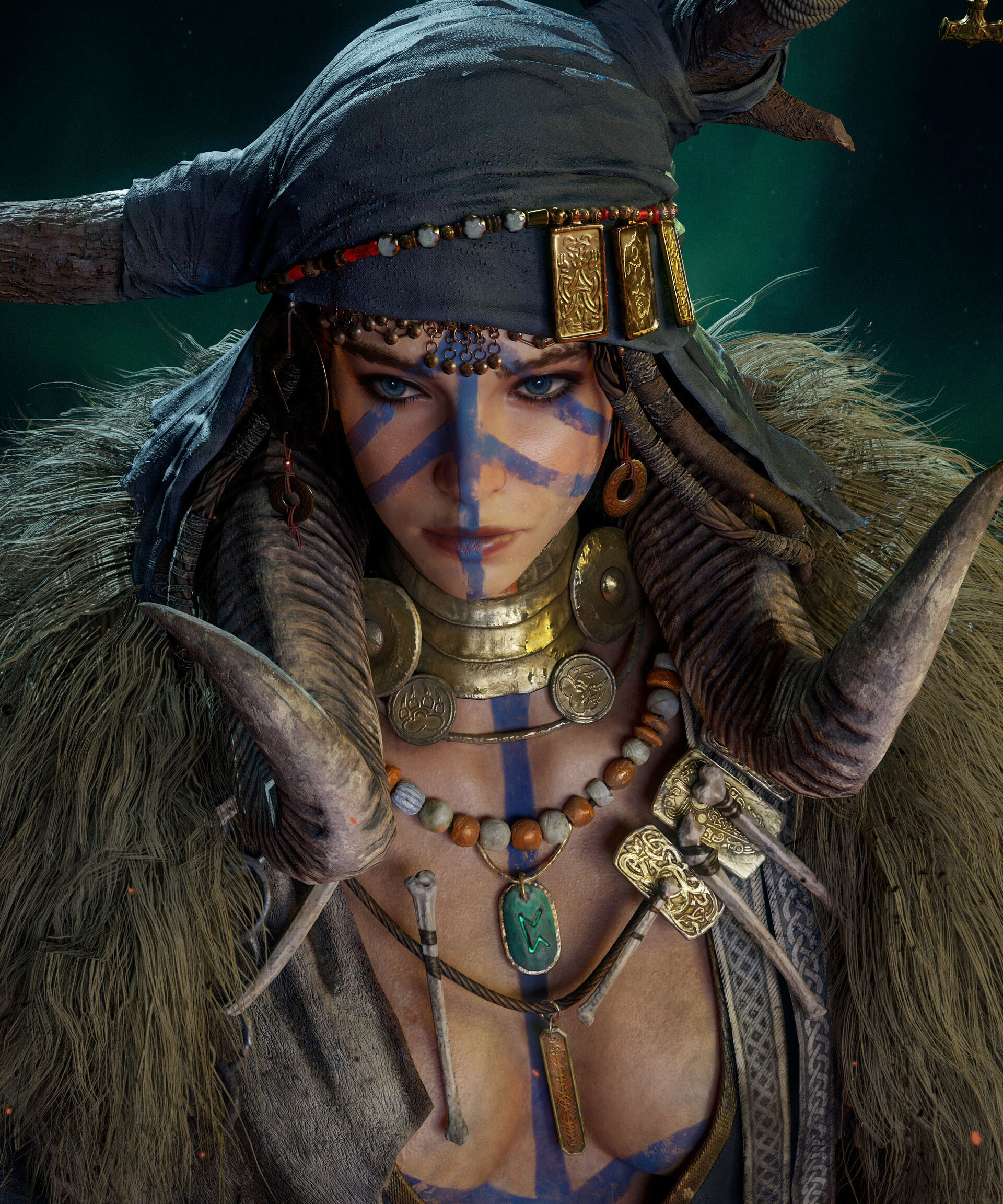 1girls, 3d, 3d model, 3d render, assassin's creed (series), assassin's creed valhalla, bodypaint, breasts, cleavage, clothed, face markings, facepaint, facial markings, female, female human, high quality, high resolution, highres, human shaman, jaeyong bae, jewelry, necklace, nordic, nordic female, norse, norse pagan, norse woman, pagan, paganism, seer, sexy, shaman, shamaness, shamanic, tattoo, tattoo on face, tattoos, tribal, tribal clothing, tribal female, tribal headdress, tribal jewelry, tribal markings, tribal necklace, tribal outfit, tribal paint, tribal spellcaster, tribal tattoo, tribal tattoos, ubisoft, valhalla, valka, valka (assassin's creed valhalla), valka (valhalla), valka the seer, video game, video game character, video game franchise, video games, viking, viking female