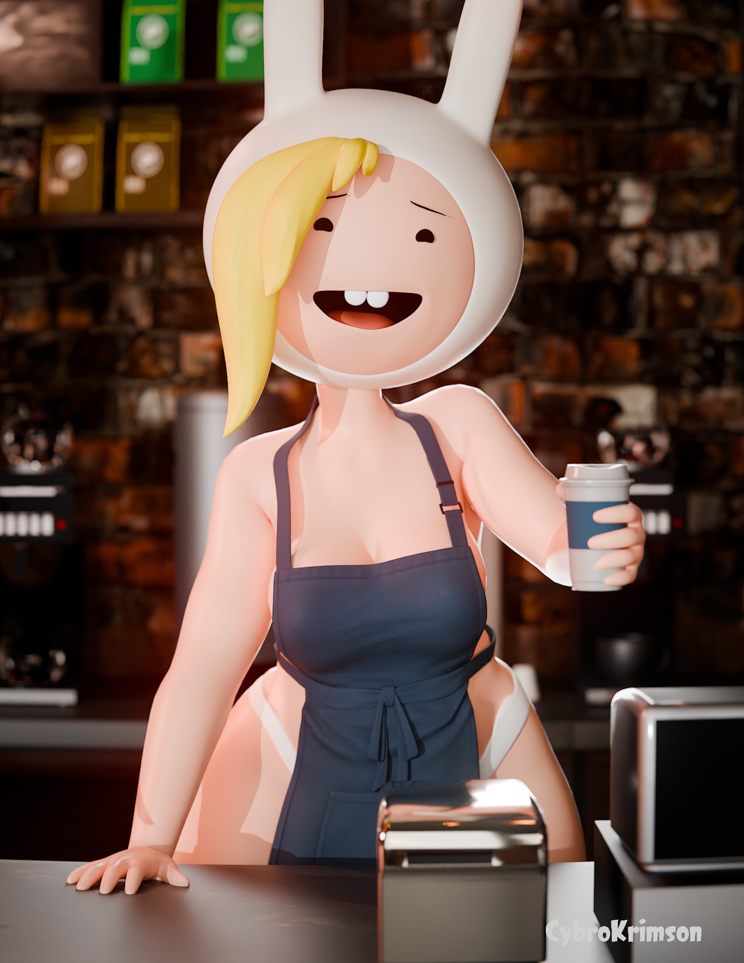 3d, adventure time, apron, apron only, bunny ears (cosmetic), cartoon network, coffee, coffee shop, cybrokrimson, female, fionna the human girl, hat, jojomingles, nervous, tagme, technically nude