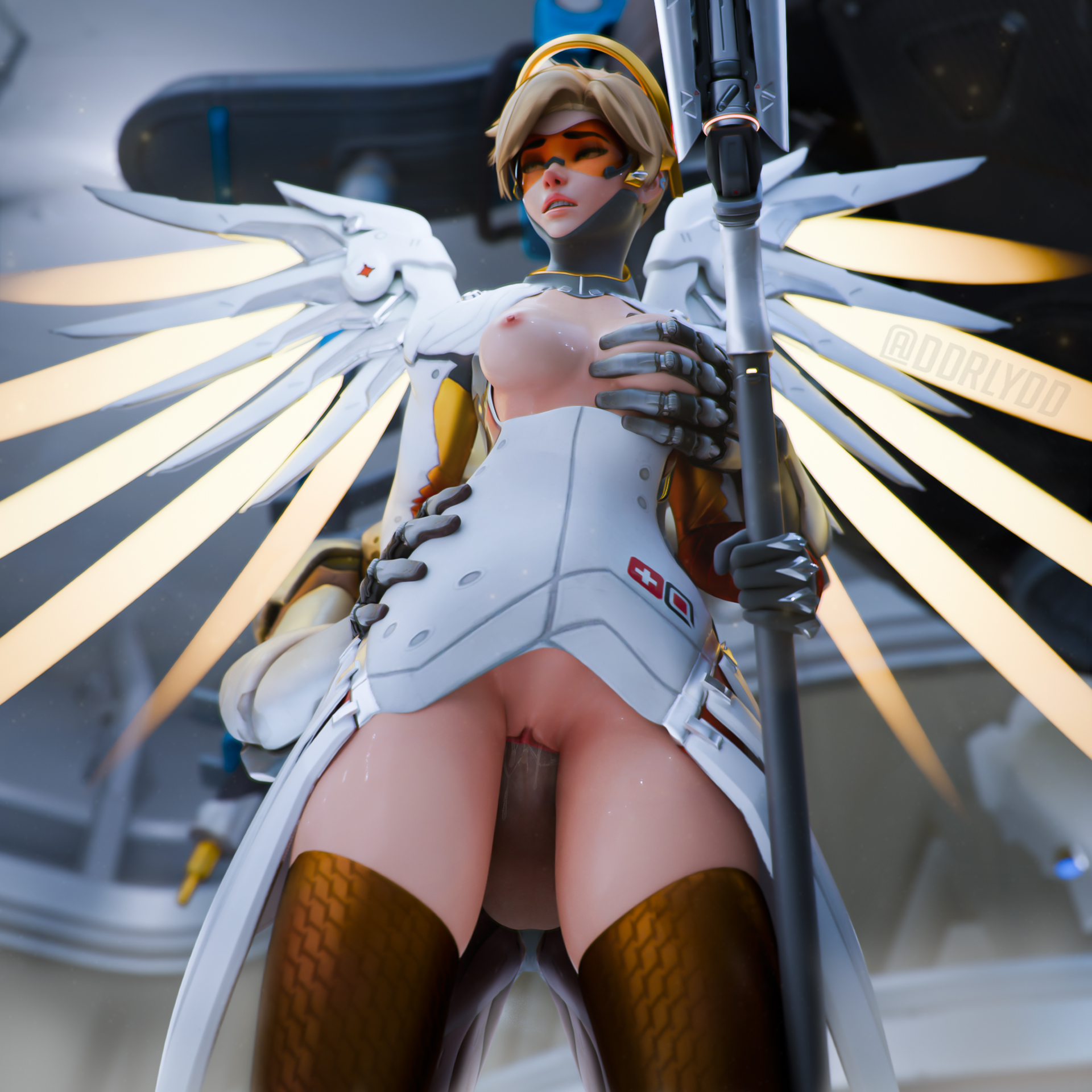 3d, alternate costume, blizzard entertainment, breasts, breasts out, erection, female, genji, halo, large penis, light skin, light-skinned female, light-skinned male, male, mercy (cosplay), nipples, overwatch, overwatch 2, penis, pussy, rly, sex, staff, standing, standing sex, straight, testicles, tracer, uncensored, vagina, vaginal penetration, vaginal sex, wings