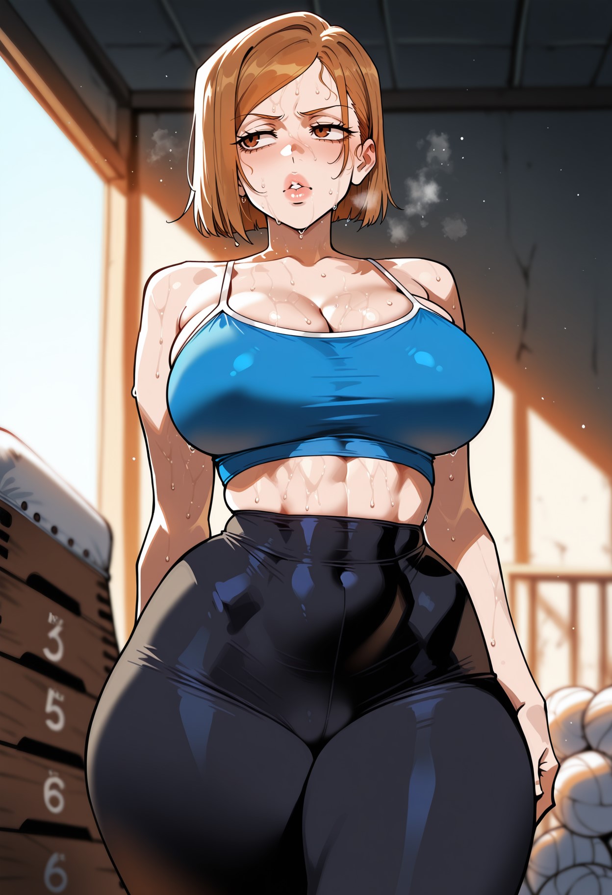 ai generated, attractive, attractive body, attractive female, big ass, big breasts, big butt, big thighs, brown eyes, brown hair, curvy, cute, fat ass, fat butt, female, female only, gym, gym clothes, gym clothing, hot, huge ass, huge breasts, huge butt, huge thighs, isbjorne, jujutsu kaisen, kugisaki nobara, massive ass, massive breasts, massive butt, seductive, sexy, sexy body, sexy female, thick, thick ass, thick body, thick booty, thick butt, thick legs, thick thighs, tight clothes, tight clothing, tight fit