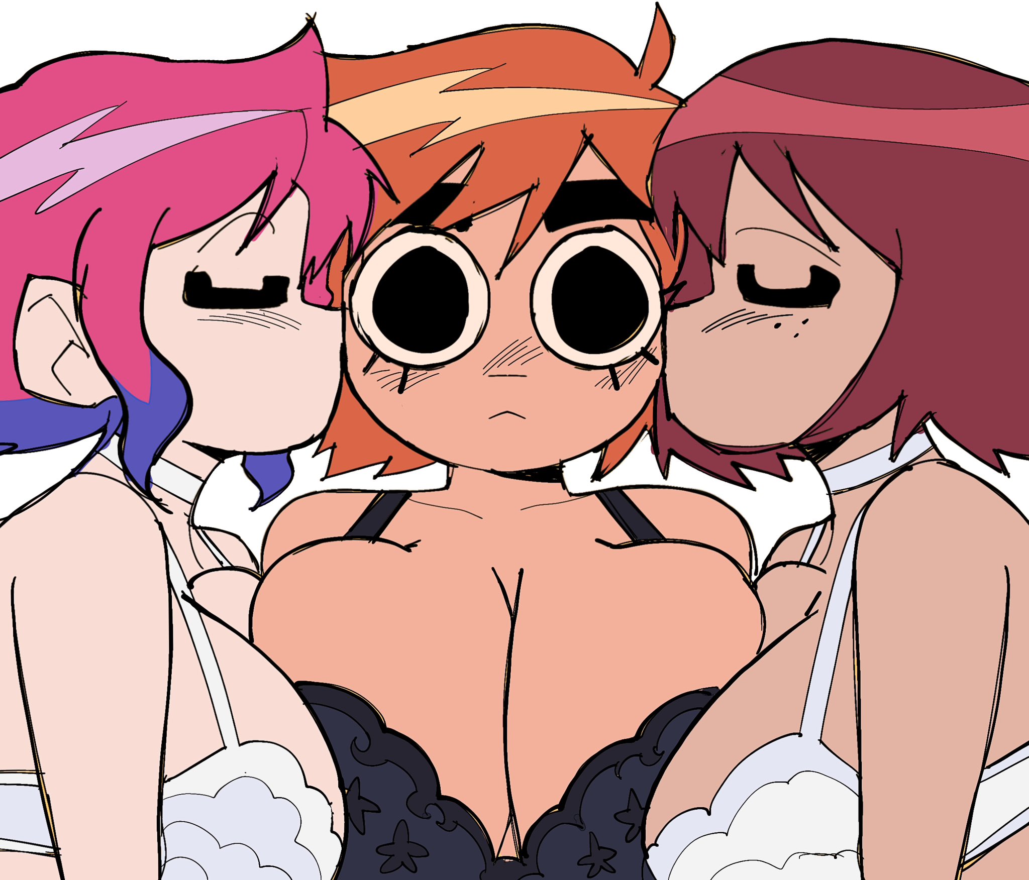 3girls, accurate art style, artiah669, big breasts, big eyes, blush, breast to breast, breasts, female, female scott pilgrim, fleshpie669, freckles, freckles on face, genderswap (mtf), huge breasts, kim pine, kissing, kissing cheek, mtf transformation, multicolored hair, orange hair, ramona flowers, red hair, rule 63, scott pilgrim, scott pilgrim takes off, scott w pilgrim, thick eyebrows, transformation, yuri