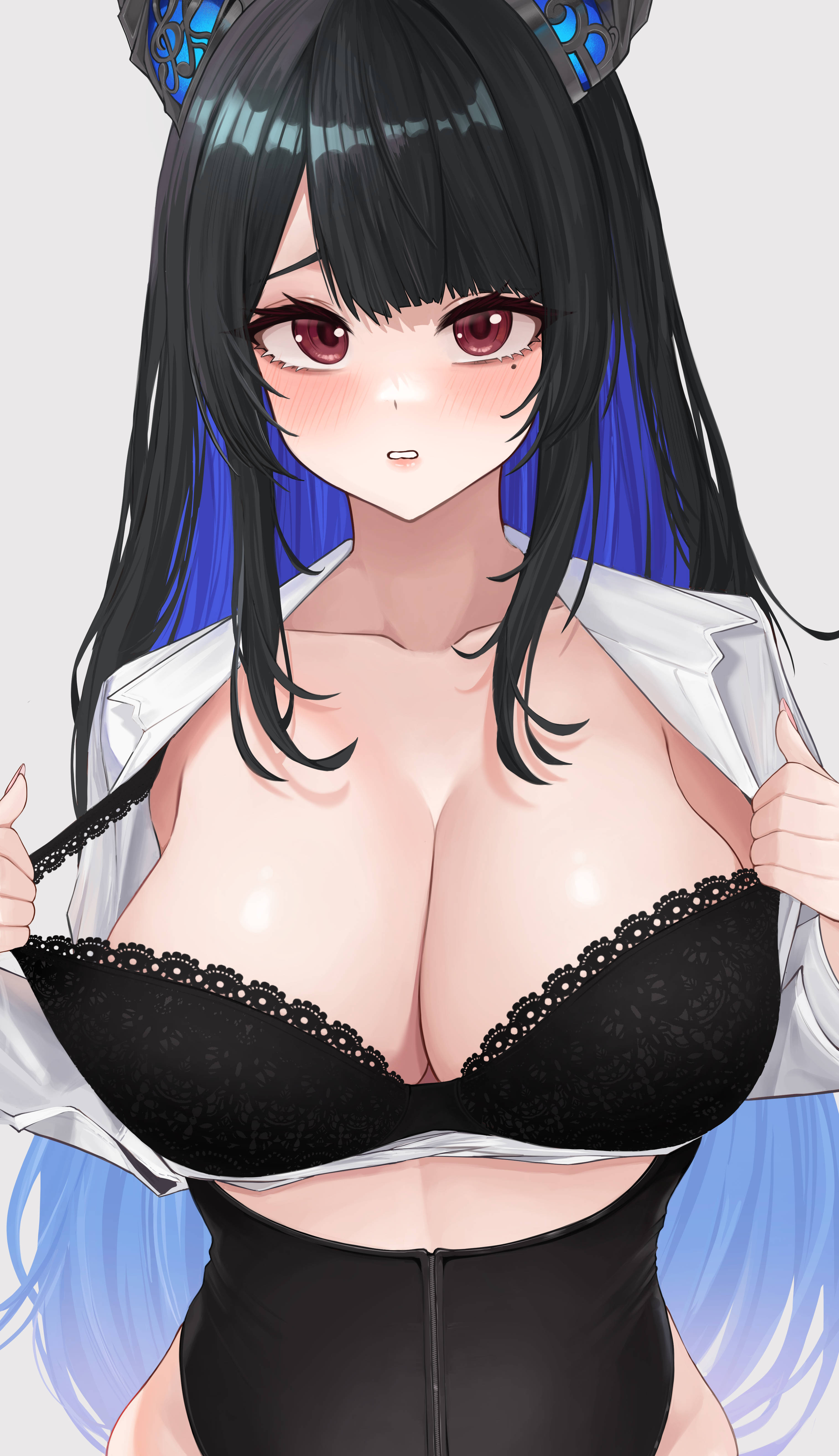 absurdres, black bra, black corset, black hair, blue hair, bra, breasts, cleavage, clothes pull, collarbone, corset, demon horns, female, highres, hololive, hololive english, hololive english -advent-, horns, large breasts, long hair, mole, mole under eye, multicolored hair, nerissa ravencroft, parted lips, pynkmouth, red eyes, shirt, shirt pull, solo, two-tone hair, underwear, very long hair, virtual youtuber, white shirt