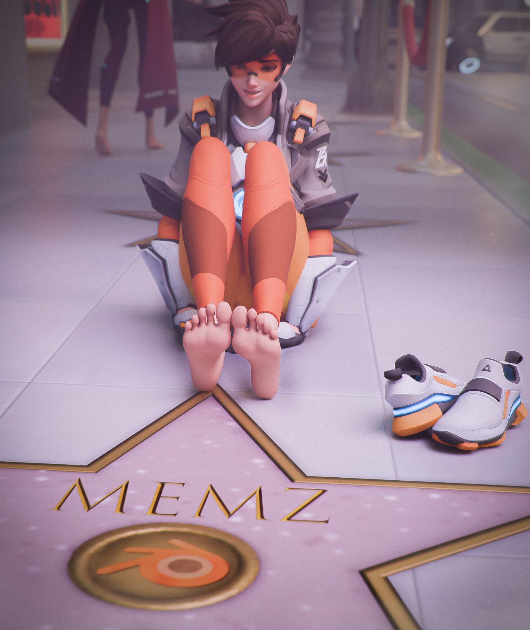 1girls, 3d, blizzard entertainment, clothed, feet, female, female focus, female only, kiriko (overwatch), outside, overwatch, overwatch 2, presenting, presenting feet, rly, shoes removed, soles, solo, solo female, solo focus, tagme, tracer, tracer (overwatch 2 suit)