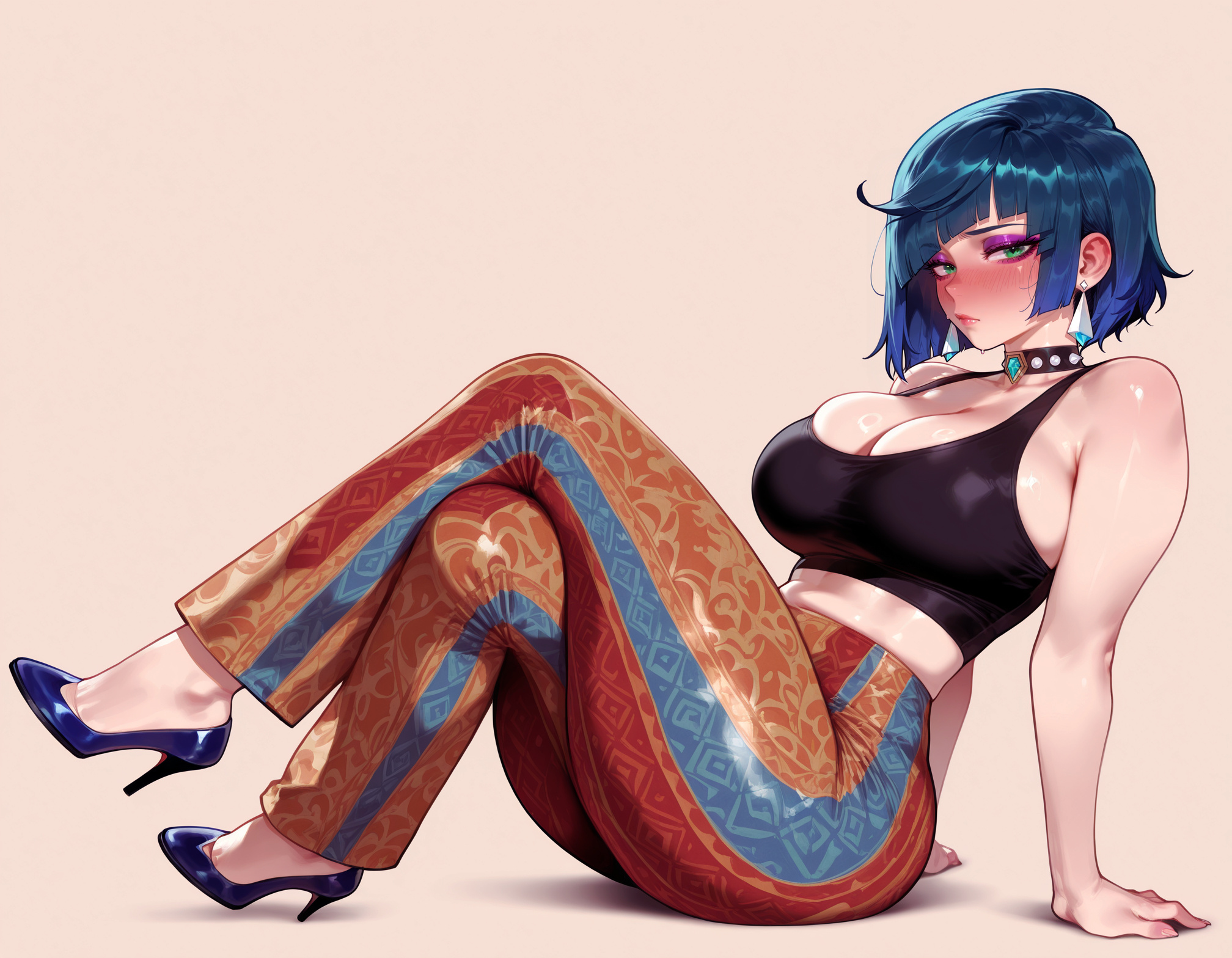 1girls, ai generated, alternate costume, arm support, ass, balecxi, bare arms, bare shoulders, big ass, big breasts, black choker, black sports bra, black tank top, blue footwear, blue hair, blush, bob cut, breasts, choker, cleavage, closed mouth, clothing, collar, crop top, crossed legs, curvaceous, curvaceous female, curvaceous figure, curvy, curvy figure, diagonal bangs, earrings, eyeshadow, female, female focus, female only, flare pants, genshin impact, green eyes, half-closed eyes, high heels, huge ass, huge breasts, inviting to sex, jewelry, large breasts, leaning back, light-skinned female, lips, looking at viewer, makeup, midriff, mole, mole on breast, multicolored hair, nviting, orange pants, pants, pink lips, presenting, presenting ass, presenting breasts, presenting hindquarters, presenting self, pumps, red pants, seductive, seductive look, seductive smile, shoes, short hair, sitting, skindentation, sleeveless, solo, sports bra, stiletto heels, striped pants, tank top, thick thighs, thighs, vertical-striped pants, voluptuous, voluptuous female, yelan (genshin impact)