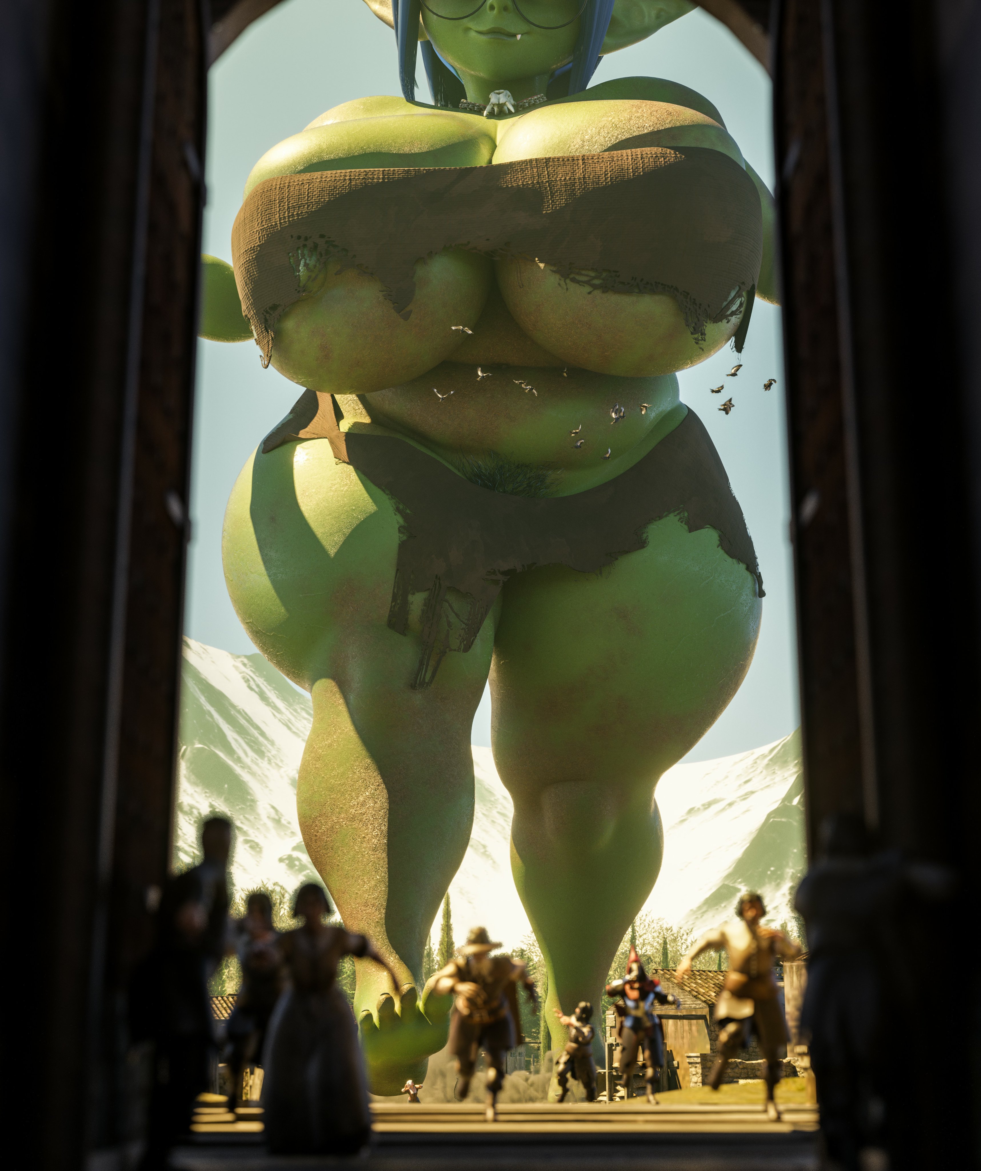 3d, 3d (artwork), absurd res, big boobs, big breasts, birds, blue hair, boobs, breasts, emiliafert, female, female focus, giant female, giant woman, giantess, glasses, glasses on face, gobbo (scrag boy), goblin, goblin female, green skin, green skinned female, highres, huge boobs, huge breasts, human, imminent crush, light skin, light-skinned female, light-skinned male, monster, monster girl, pubic hair peek, ragged clothing, running, scrag boy (model), shortstack, shortstack female, shortstack giantess, thick thighs, thighs, walking