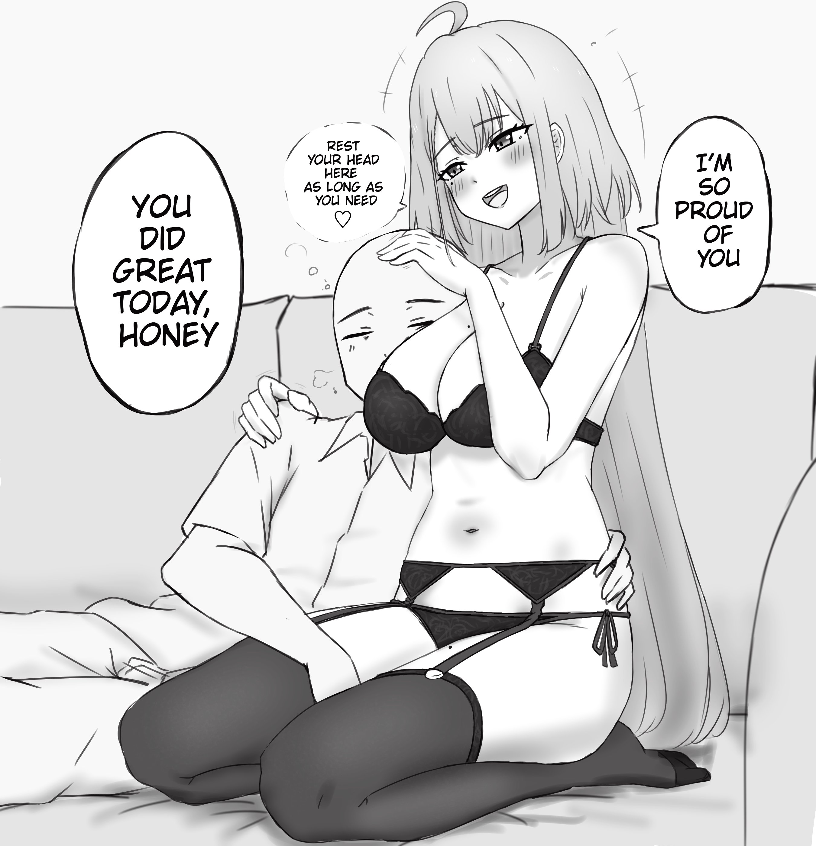 1boy, 1girls, absurdres, ahoge, bald, between legs, blush, bra, breasts, cleavage, collarbone, collared shirt, comforting, ember amane, english text, female, garter belt, hand between legs, hand on another's hip, hand on another's shoulder, heart, highres, kannanii, large breasts, long hair, male, mole, mole on breast, mole on thigh, navel, open mouth, panties, phase connect, shirt, smile, speech bubble, thighhighs, underwear, virtual youtuber, wholesome