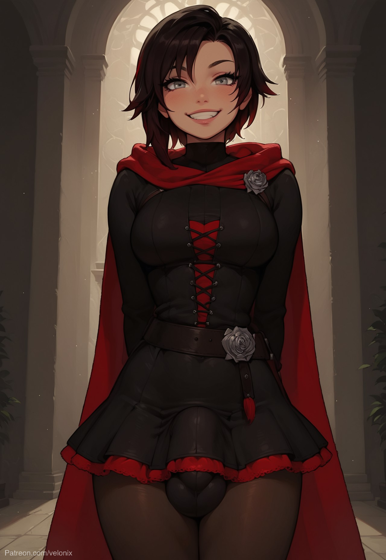 1futa, ai generated, ass, balls, belt, big ass, big breasts, big butt, big hips, big penis, black clothing, black hair, breasts, bulge, bulge through clothing, bulge under clothes, cape, cleavage, clothed, clothing, dick, dickgirl, dress, eyebrows, eyelashes, futa only, futanari, grey eyes, grin, grinning, grinning at viewer, hair, hands behind back, hands-free, huge cock, indoors, intersex, lips, long hair, looking at viewer, makeup, narrow waist, narrowed eyes, nose, penis, red hair, red skirt, rose, ruby rose, rwby, seducing, seductive, seductive eyes, seductive gaze, seductive look, seductive mouth, seductive pose, seductive smile, skirt, smile, smile at viewer, smiley face, smooth balls, smooth penis, smooth skin, solo, solo dickgirl, solo focus, solo futa, testicles, thick thighs, thighhighs, thighs, two-tone hair, velonix