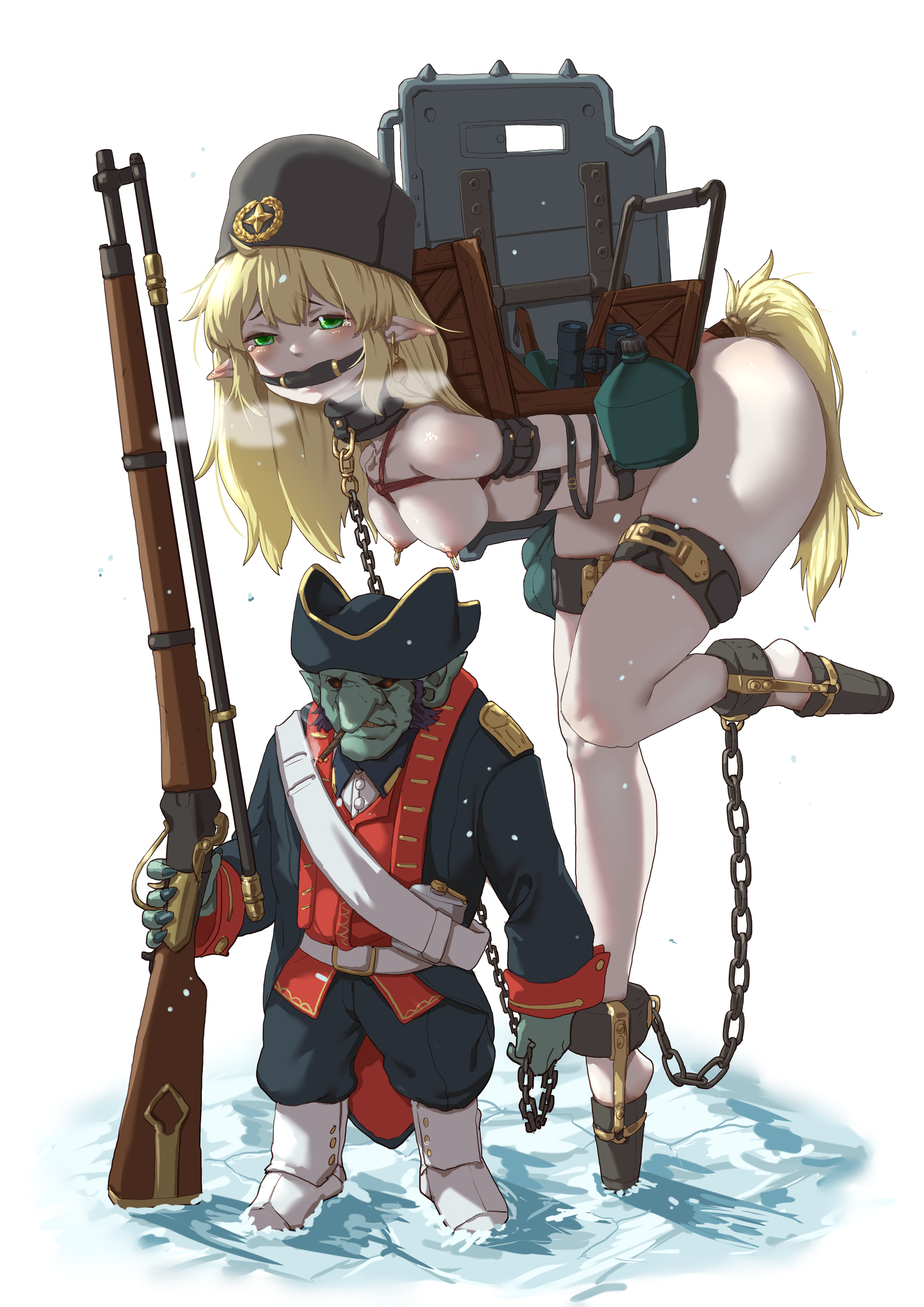 1boy, 1girls, anal, ass, ass bigger than head, bad end, blonde female, blonde hair, bondage, bound, bound arms, bound legs, breasts, breasts out, buttplug, buttplug tail, carrying, carrying object, chains, clothed male nude female, cold, collar, commission, defeated, earrings, elf, elf ears, enslaved, fake tail, female, femsub, forced, forced labor, goblin, goblin male, green eyes, hanging breasts, harness, hat, hoof boots, hunched over, ice, larger female, leash, leash and collar, male, maledom, medium breasts, nipple piercing, nipple rings, nipples, nude, nude female, nude female clothed male, pack mule, pale skin, pale-skinned female, pierced nipples, pointy ears, pony girl, ponygirl, ponyplay, rifle, skindentation, slave, slave girl, small dom big sub, smaller male, snow, soldier, tail, thick thighs, thighs, white background, yakou, yakou (4507770)