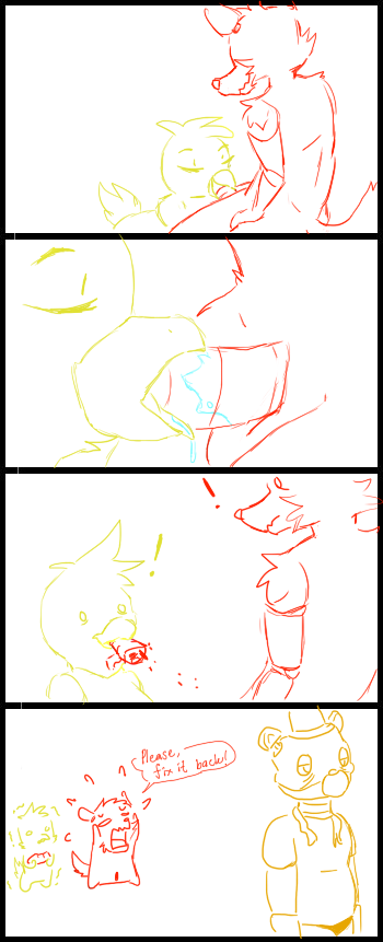 1girls 2boys accident anthro avian beak bird bite blood breasts canine chica_(fnaf) chicken comic cute dialogue disembodied_penis female five_nights_at_freddy's fox foxy_(fnaf) freddy_(fnaf) fur gore humor male mammal occidentalis oops oral oral_sex pain penectomy penis penis_biting pointy_ears sad shocked straight surprised unamused