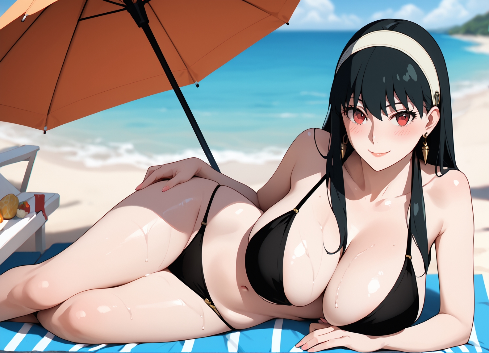 1girls, 2d, ai generated, athletic, athletic female, bare shoulders, belly, big breasts, bikini, bikini bottom, bikini top, black hair, blush, breasts, chest, curvy, curvy figure, cute, cute face, dark hair, detailed, eyelashes, eyeshadow, female, female focus, female only, fit, fit female, focus, hairband, hands behind head, hands up, high quality, image, large breasts, legs, light skin, light-skinned female, lips, lipstick, long hair, looking at viewer, makeup, mascara, mature, outdoors, outside, pale skin, pale-skinned female, red eyes, seductive, seductive look, shy, spy x family, stable diffusion, swimsuit, swimwear, tagme, tall, tall female, thighs, uncensored, yor briar, yor forger