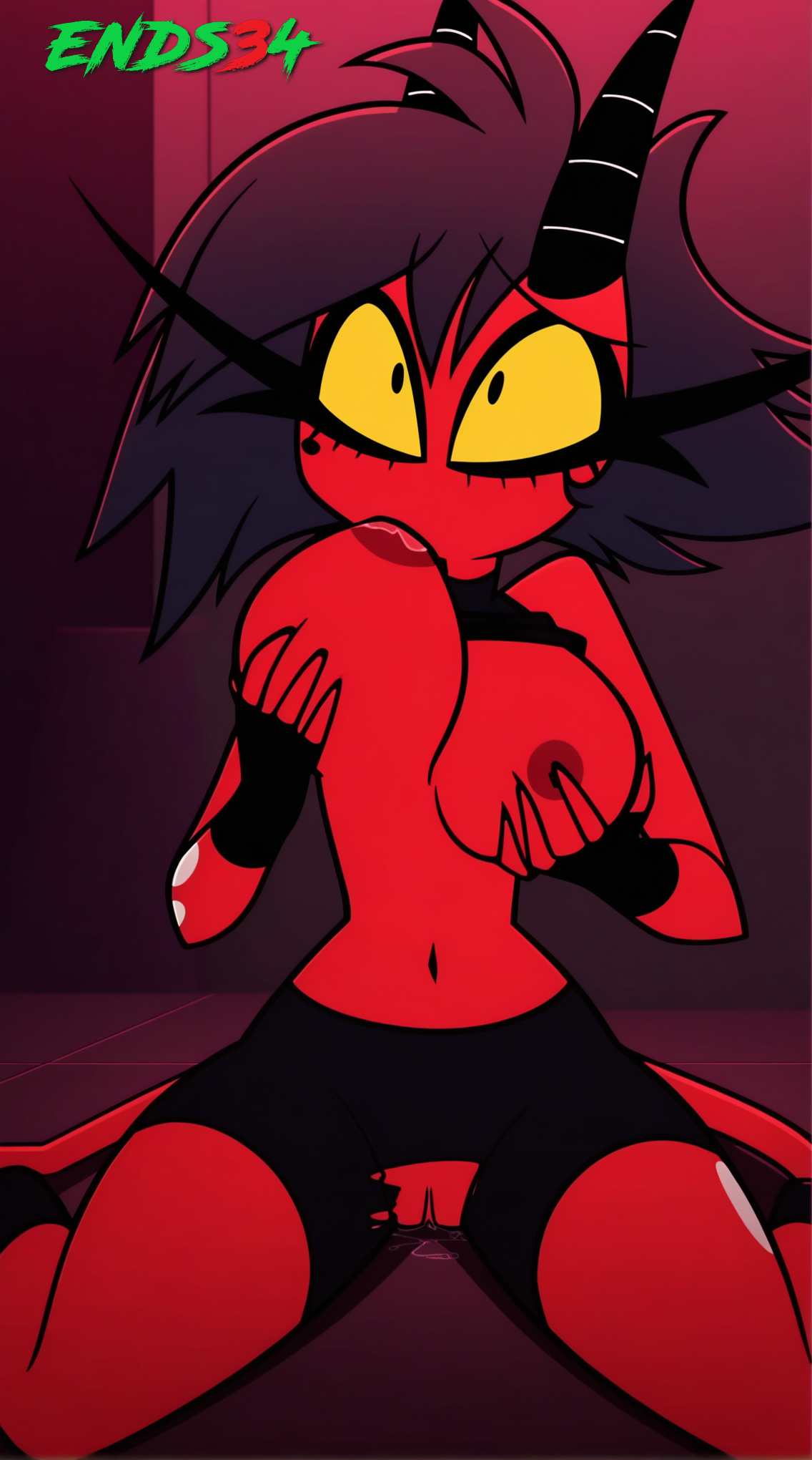 2025, ai generated, big breasts, bike shorts, black hair, breasts, demon girl, ends34, female, female only, fit female, grabbing own breast, helluva boss, horns, looking at viewer, millie (helluva boss), pussy, pussy juice, short hair, shorts, sucking, sucking nipples