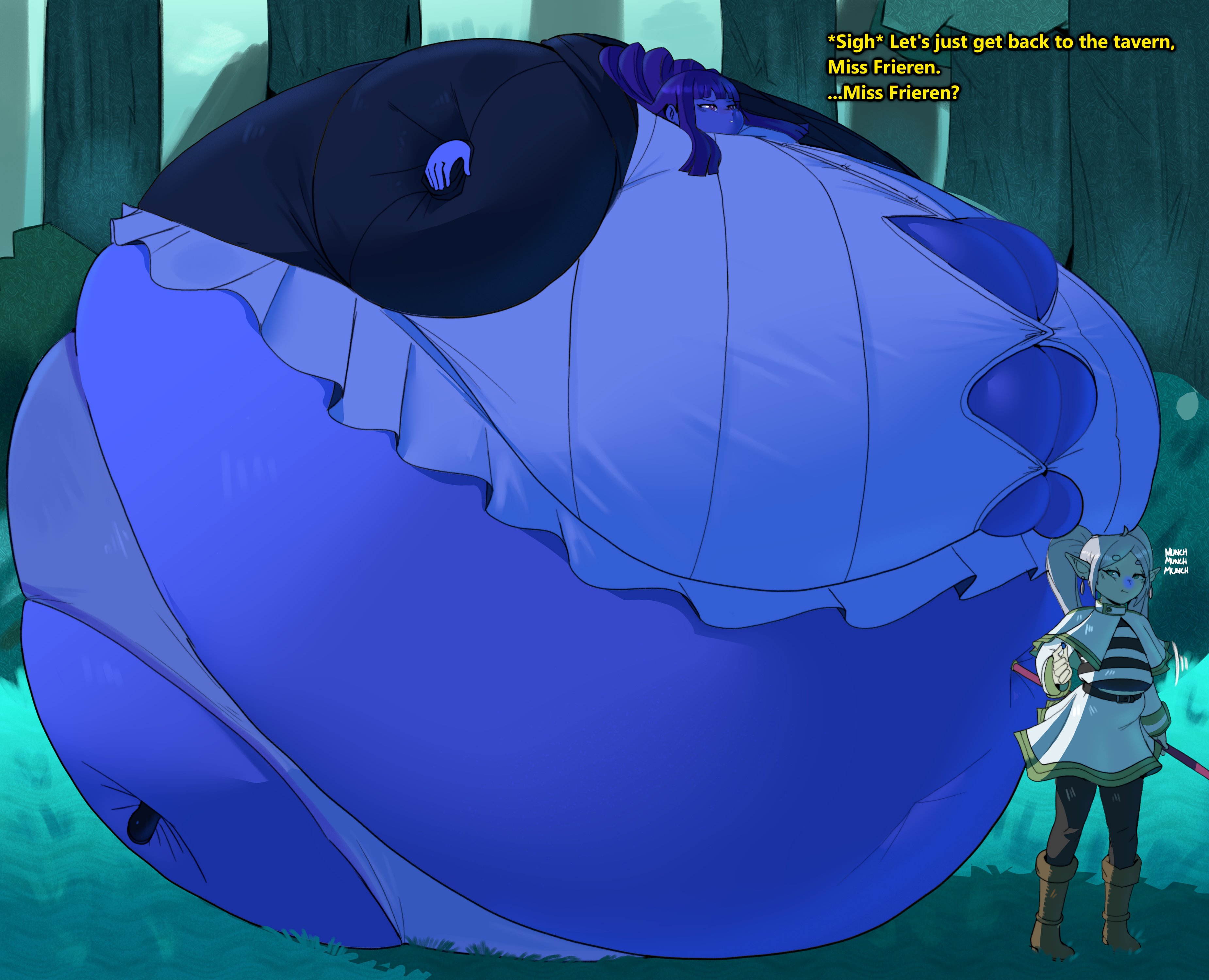 2d, 2girls, belly expansion, big belly, big breasts, blue skin, blue skinned female, blueberry inflation, breast expansion, breast growth, breast growth (enlargement), breasts, cleavage, clothes, clothing, color, colored, dialogue, digital media (artwork), elf, english text, expansion, female, female only, fern (sousou no frieren), frieren, fully clothed, human, inflation, massive belly, massive breasts, nuumatic, obese, panties, sousou no frieren, spherical inflation, sunken limbs, text, transformation, wardrobe malfunction, weight gain, yellow text