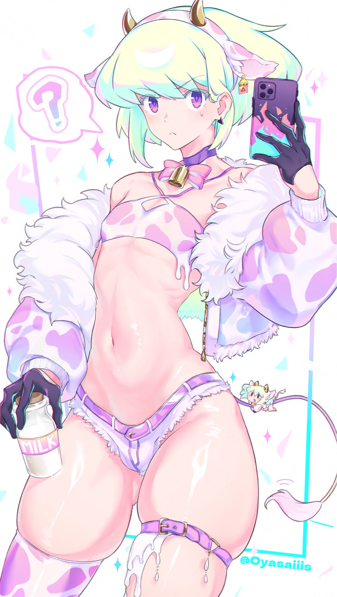 1boy, androgynous, bikini, bikini top, bulge, collar, cow horns, cow print, crossdressing, femboy, lio fotia, male, minishorts, oyasaiiis, slim male, slim waist, solo, solo male, thick thighs, thin male, thin waist, twink
