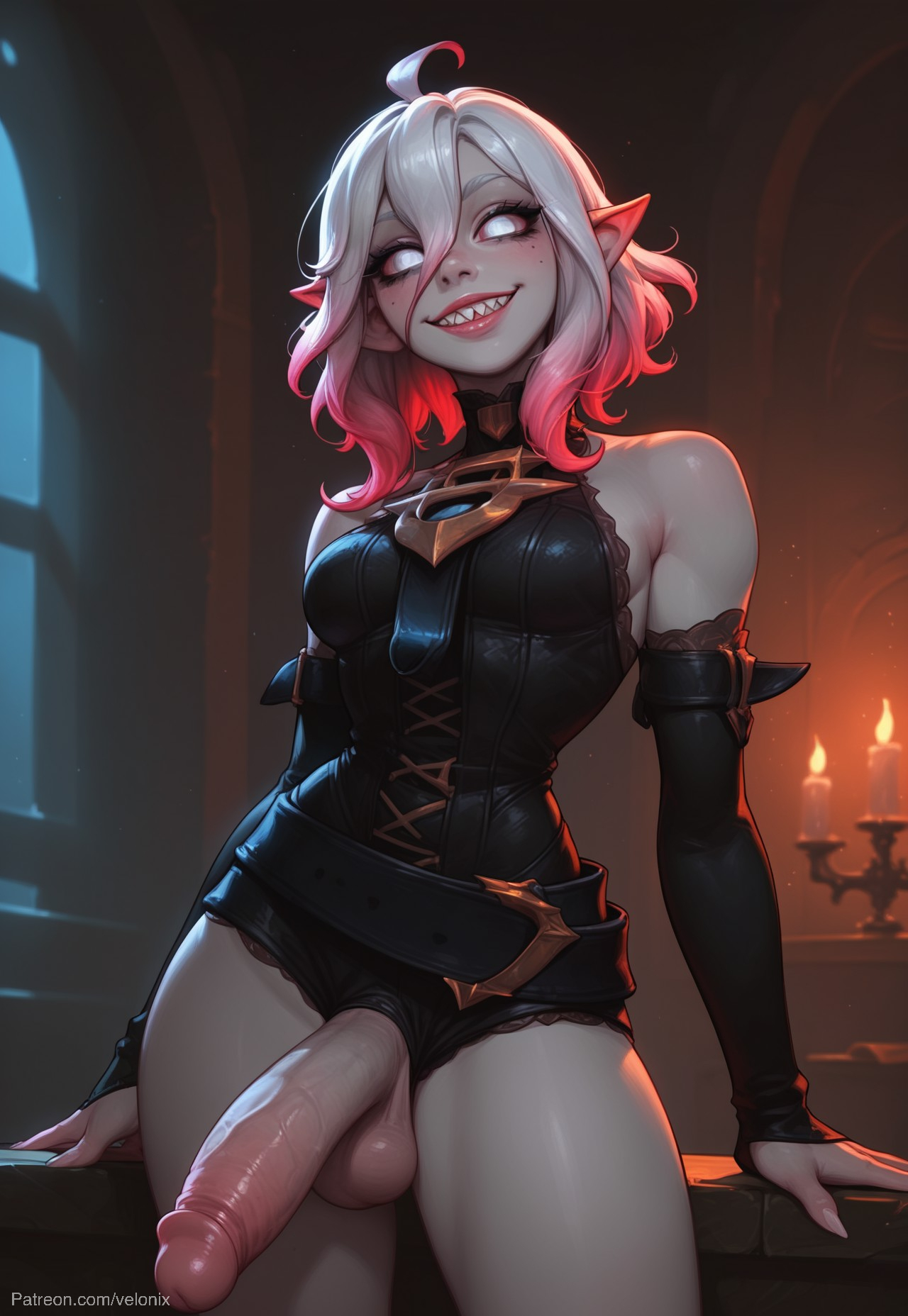 1futa, ahoge, ai generated, armpits, ass, balls, bare shoulders, belt, big ass, big breasts, big butt, big hips, big penis, black clothing, blush, bodysuit, breasts, briar (league of legends), cleavage, clothed, clothing, cock keyhole clothing, dick, dickgirl, elf, elf ears, eyebrows, eyelashes, futa only, futanari, gloves, grin, grinning, grinning at viewer, hair, hair between eyes, hands-free, huge cock, indoors, intersex, league of legends, league of legends: wild rift, lips, long hair, looking at viewer, makeup, medium hair, narrow waist, narrowed eyes, no irises, nose, penis, pink hair, pointy ears, red hair, seducing, seductive, seductive eyes, seductive gaze, seductive look, seductive mouth, seductive pose, seductive smile, sharp teeth, short hair, small breasts, smile, smile at viewer, smiley face, smooth balls, smooth penis, smooth skin, solo, solo dickgirl, solo focus, solo futa, testicles, thick, thick ass, thick legs, thick penis, thick thighs, thigh highs, thighhighs, thighs, two-tone hair, velonix, white eyes, white hair