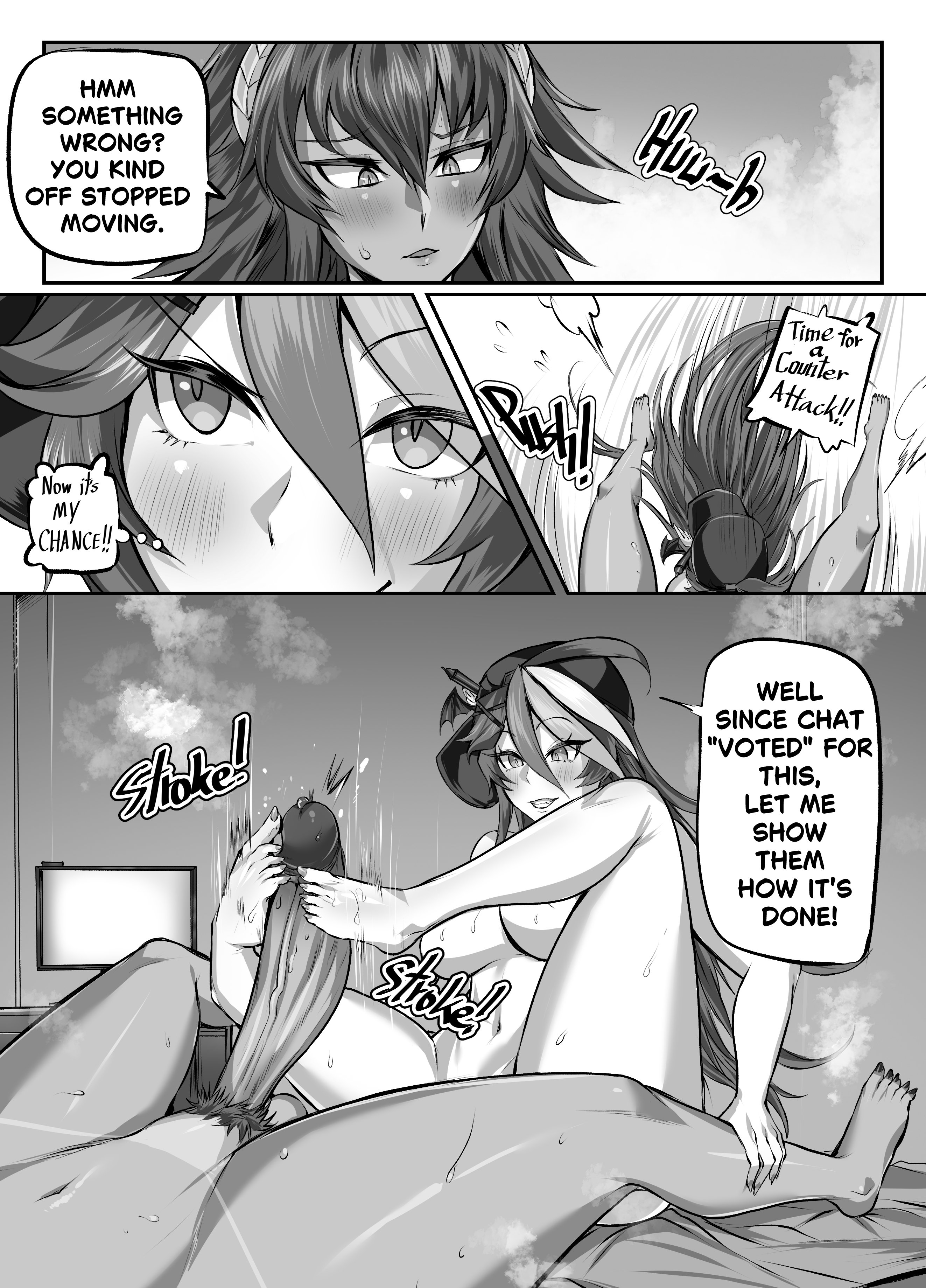1futa, 1girls, big penis, blush, breasts, comic, comic page, english text, erection, female, foot fetish, footjob, futa on female, futa pubic hair, futanari, huge breasts, indie virtual youtuber, intersex, looking at penis, lungnut, monochrome, nude, nude female, nude futa, penis, pubic hair, speech bubble, sweat, sweatdrop, sweating, techycutie, text, virtual youtuber, zentreya, zentreya (dragon)