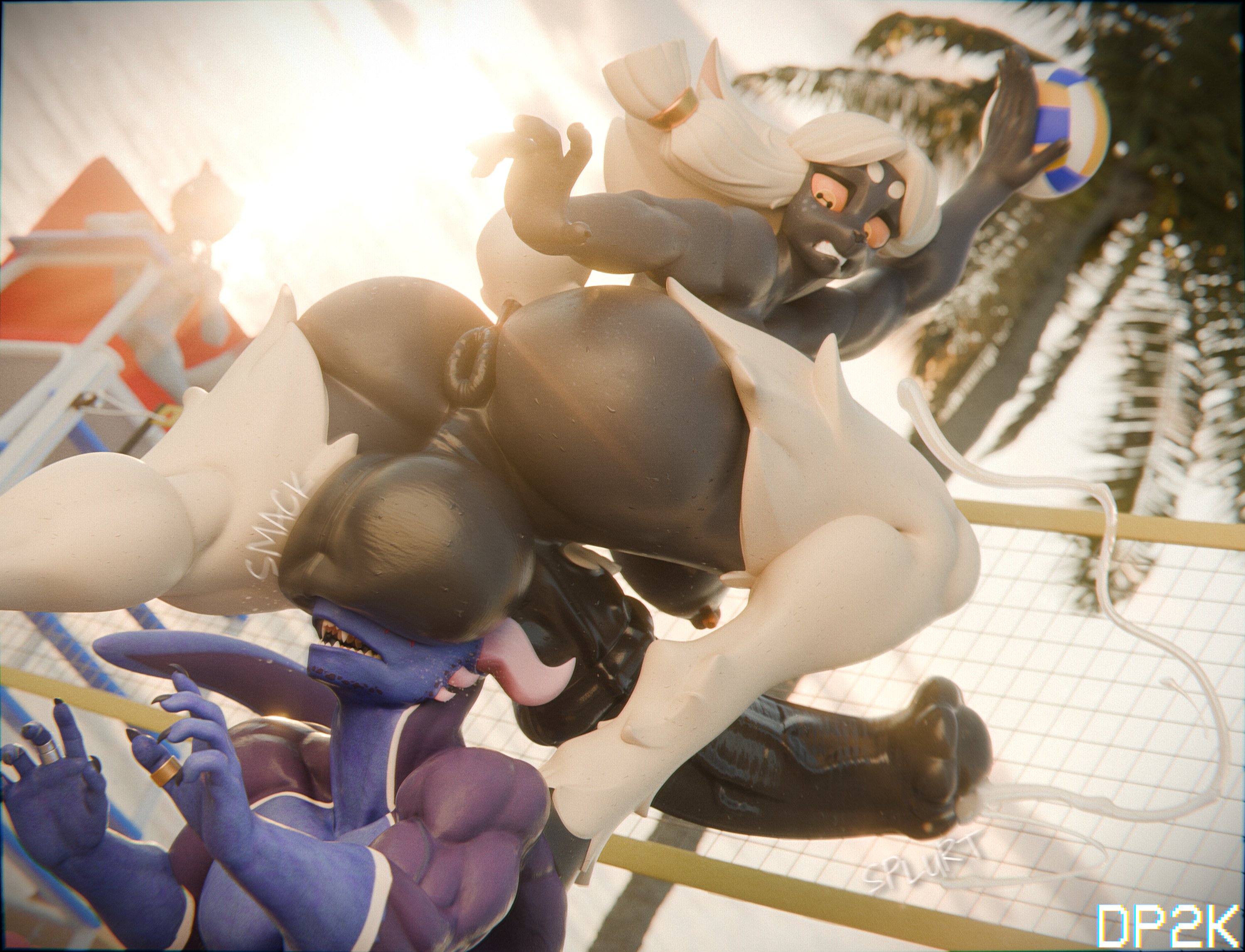 1boy, 1futa, 2025, 3d, 3d (artwork), 5 fingers, accident, anal, animal genitalia, animal penis, anthro, anus, artist name, ass, balls, balls in face, balls on face, big balls, big penis, black body, black fur, blue body, bodily fluids, bovid, canon futa, caprine, cum, cumshot, digital media (artwork), doctorpurple2000, dragon, duo, ejaculation, equine genitalia, equine penis, female, fingers, fur, furry, futa on male, futanari, genital fluids, genitals, hair, hi res, hooves, horizontal pupils, horn, horsecock, horsecock futa, huge balls, huge cock, intersex, intersex/male, male, mammal, monster girl, multicolored body, multicolored fur, muscular, muscular anthro, muscular male, mythological creature, mythological scalie, mythology, net, nude, open mouth, palm tree, penis, plant, playing sports, pupils, purple body, rear view, reinette, reinette (nanokindred), scalie, sharp teeth, sheep, sheep futa, sport, tagme, teeth, testicles, text, tree, volleyball, volleyball net, wao (e-zoid), white body, white fur, white hair, wingless dragon, yellow eyes