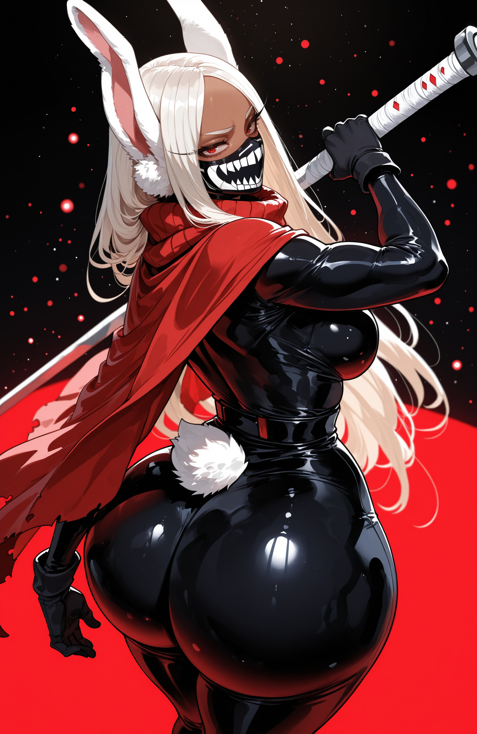 1girls, ai generated, ass, big ass, big breasts, big butt, big thighs, boku no hero academia, cute, dark-skinned female, face mask, facemask, female, female only, hollow knight: silksong, hornet (hollow knight) (cosplay), huge ass, huge breasts, huge butt, miruko, miyuai, mouth mask, my hero academia, rabbit ears, red eyes, rumi usagiyama, solo, thick ass, thick butt, thick thighs, tight clothes, white hair