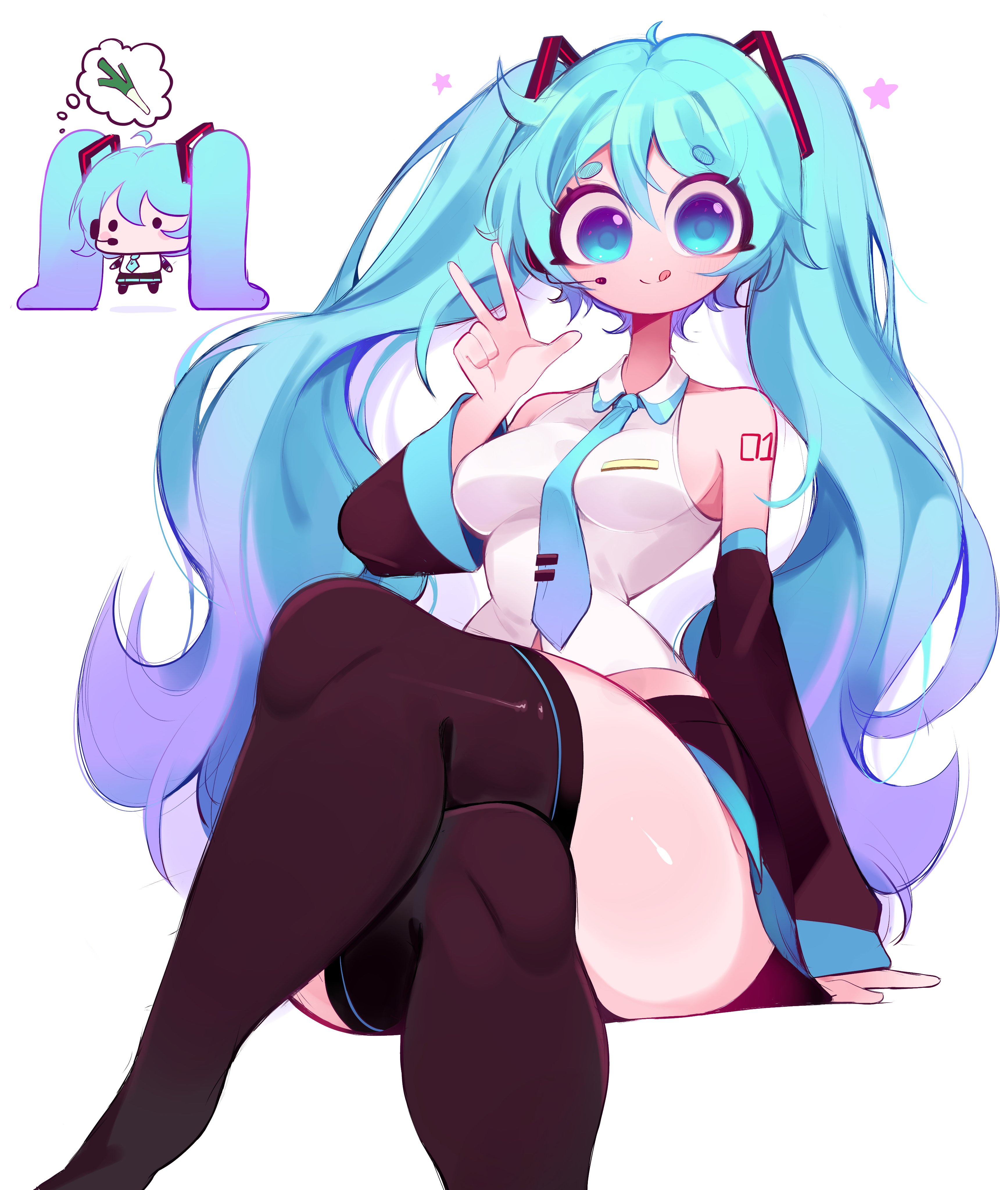 :q, 1girl, ahoge, aqua hair, bangs, bare shoulders, black skirt, black thighhighs, blue eyes, blue hair, blue necktie, bottom heavy, breasts, chibi, collared shirt, crossed legs, cute, cyan eyes, cyan hair, detached sleeves, female, hair, hatsune miku, headset, huge thighs, long hair, looking at viewer, medium breasts, necktie, reinsleif, rox hoxten, sega, shirt, sitting, skirt, sleeveless, small breasts, smile, solo, spring onion, tattoo, thick thighs, thigh highs, thighhighs, thighs, thought bubble, tongue, tongue out, twintails, very long hair, vocaloid, w, white background, white shirt, wide hips