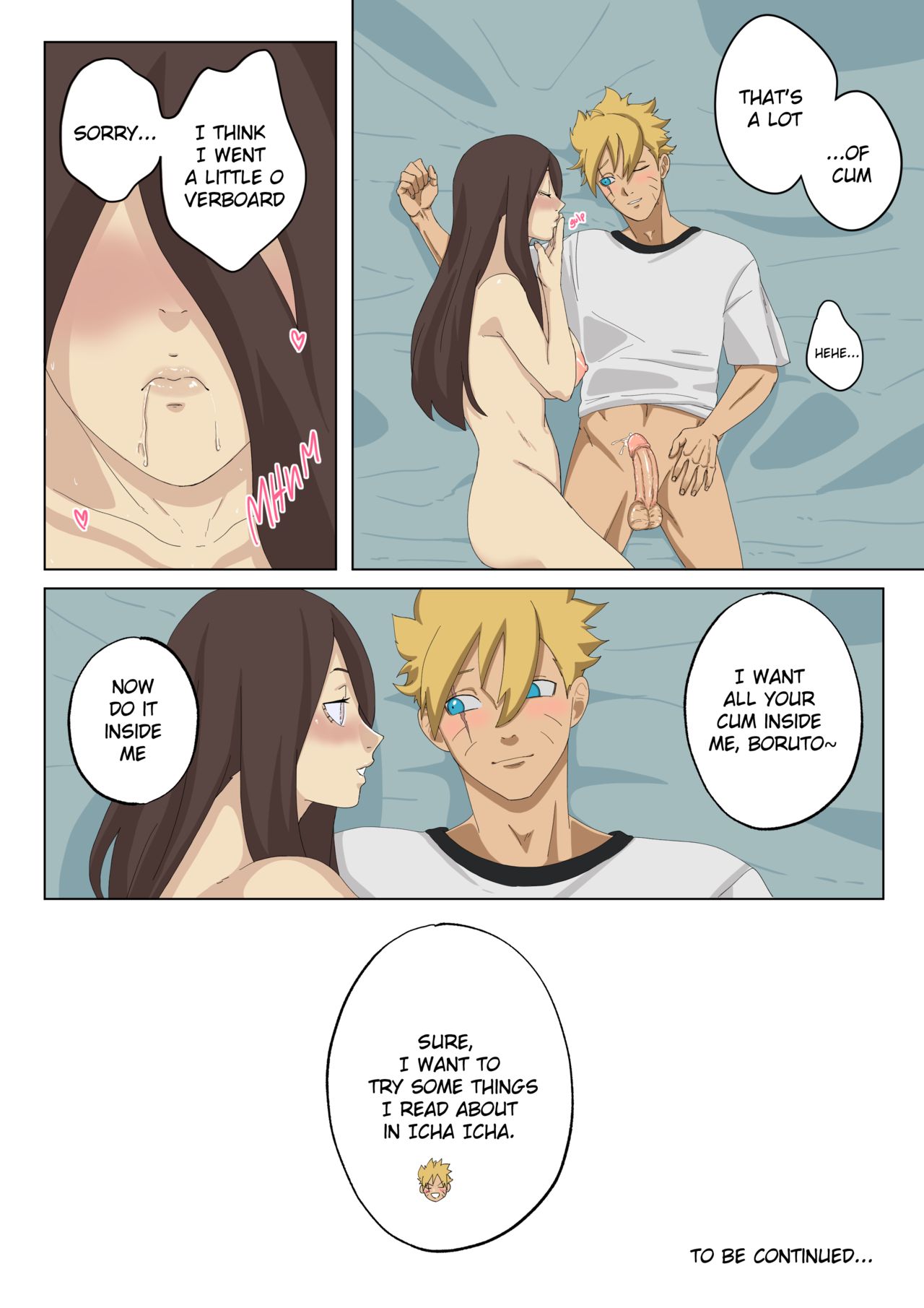 1boy, 1girls, after oral, after sex, after vaginal, aunt and nephew, blowjob, boruto: two blue vortex, clothed, clothed female, clothed male, comic, comic page, english text, female, hair down, hetero sex, hyuuga hanabi, incest, light skin, light-skinned female, light-skinned male, male, male/female, naruto, naruto (series), oral, oral sex, pussy, senznsfw, straight, text, uncensored, uzumaki boruto