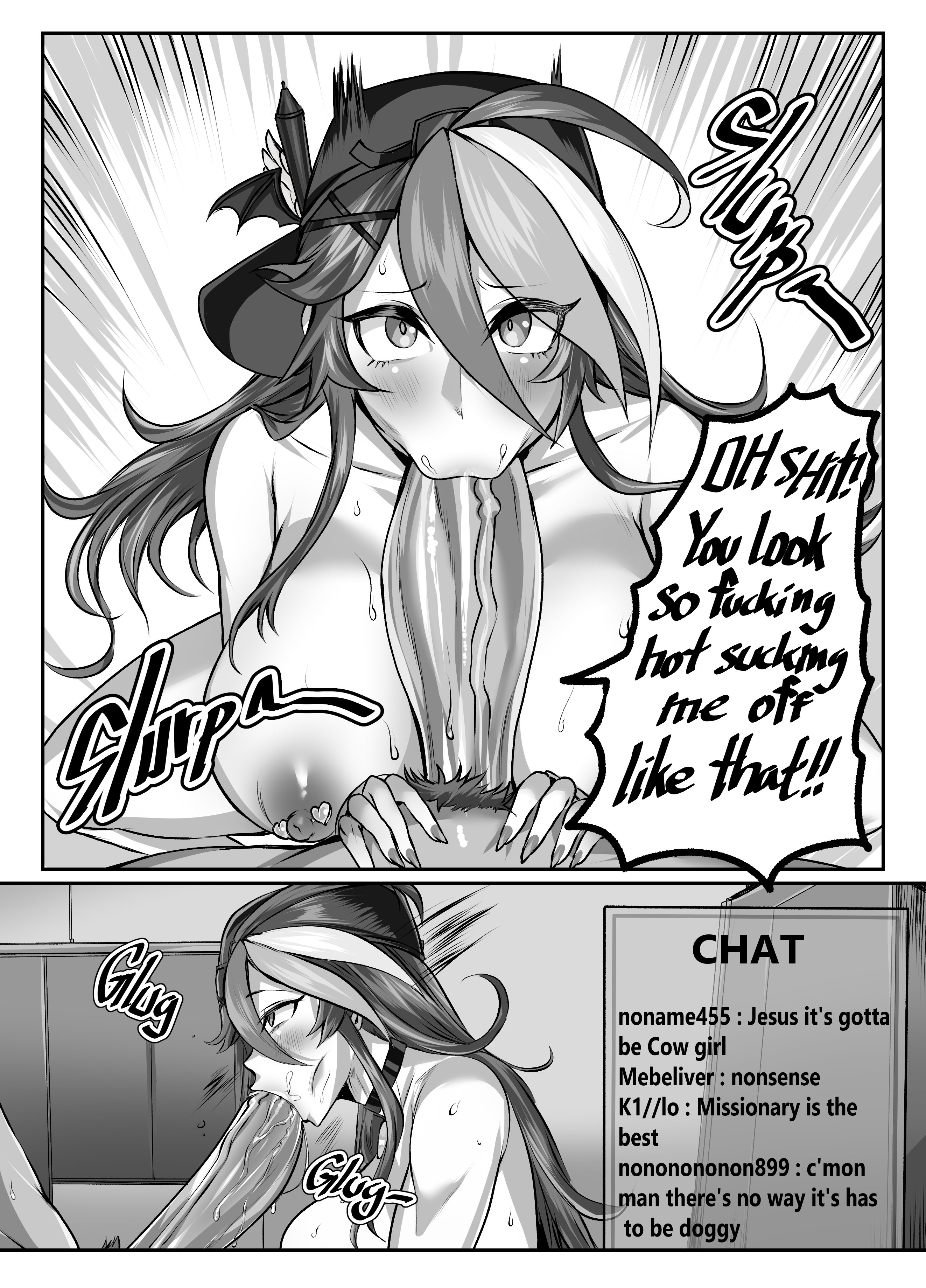 1futa, 1girls, areolae, blowjob, breasts, chat, choker, comic, comic page, dark skinned futa, english text, faceless futa, fellatio, female, female focus, futa on female, futa pubic hair, futanari, huge breasts, indie virtual youtuber, indoors, intersex, long hair, lungnut, monochrome, nipples, oral, oral penetration, oral sex, pierced nipples, piercings, pov, pubic hair, speech bubble, sweat, sweatdrop, sweating, techycutie, text, unseen futa face, vacuum blowjob, vacuum fellatio, vacuum suck, virtual youtuber, zentreya, zentreya (dragon)