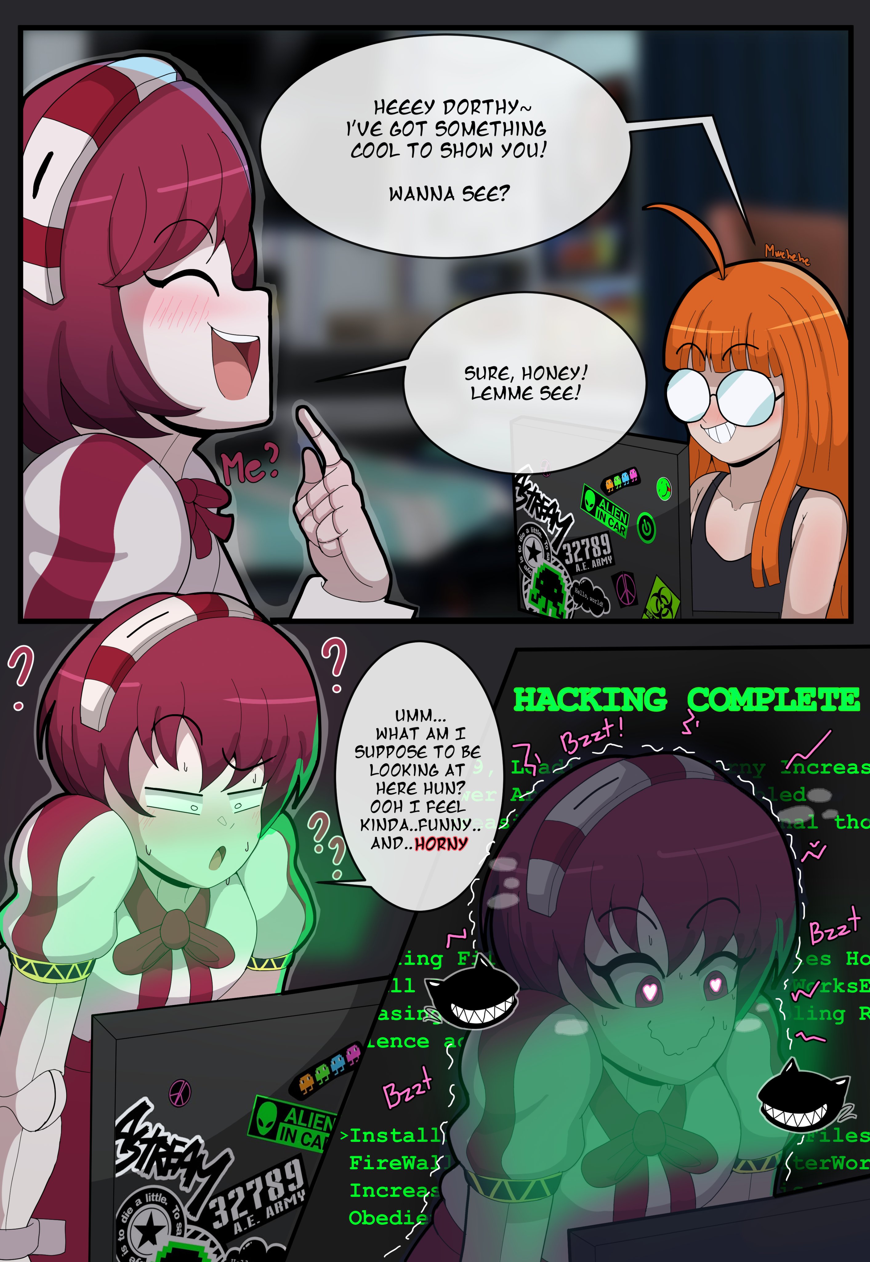 2girls, atlus, comic, crossover, dialogue, dorothy haze, female, female only, glasses, lesbian sex, lewd mizu22833, mizului, orange hair, persona, persona 5, pink hair, sakura futaba, text, va-11 hall-a, yuri