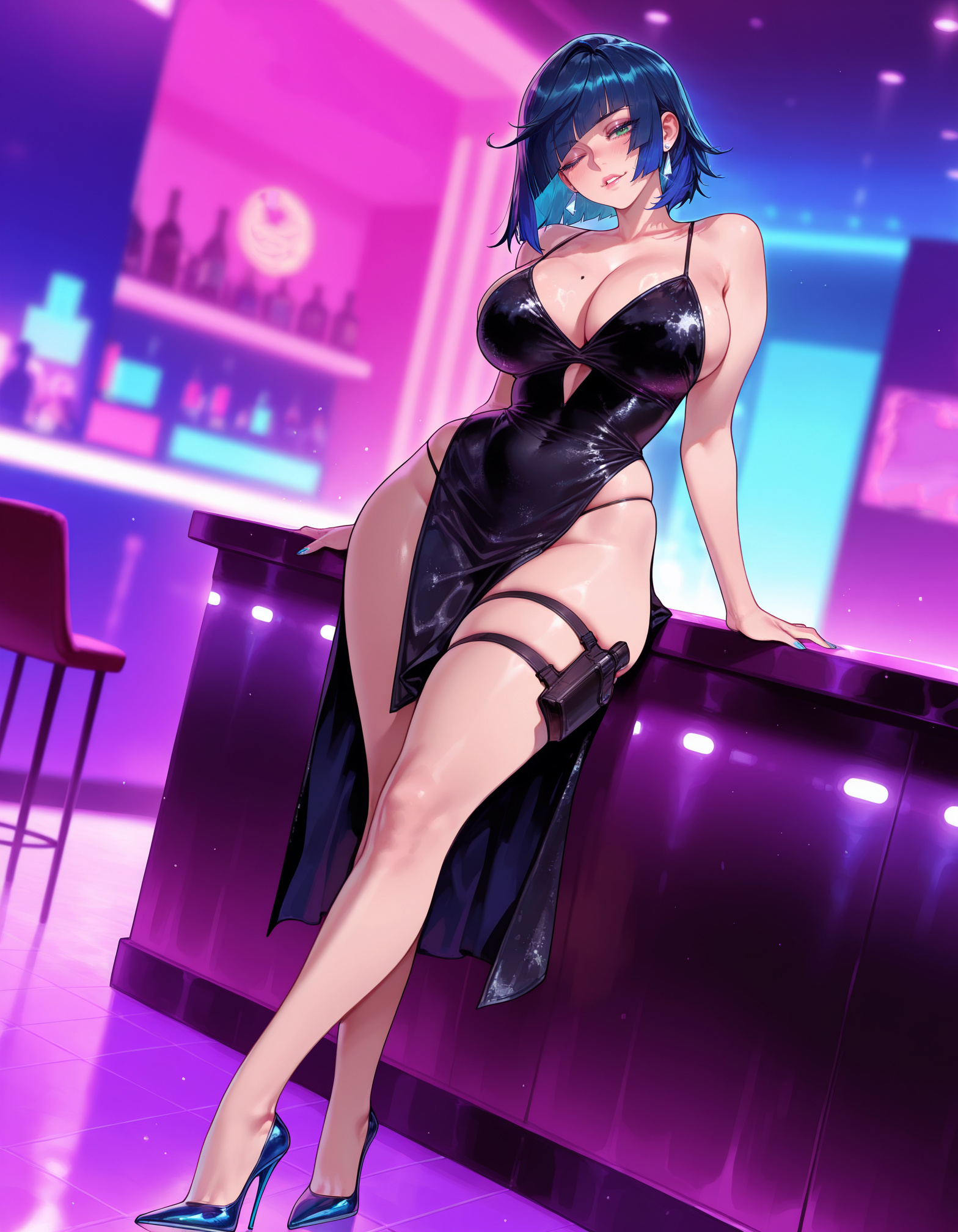 1girls, ai generated, alternate costume, balecxi, bangs, bar (place), bare arms, bare legs, bare shoulders, big breasts, black dress, black hair, blue footwear, blue hair, blue nails, blunt bangs, blush, bob cut, breasts, cleavage, clothing, collarbone, counter, covered navel, crossed legs, curvaceous, curvaceous female, curvaceous figure, curvy, curvy figure, diagonal bangs, dress, earrings, evening gown, female, female focus, female only, footwear, genshin impact, green eyes, grin, high heels, highleg, holster, huge breasts, indoors, inviting, inviting to sex, jewelry, large breasts, legs, light-skinned female, long legs, looking at viewer, mole, mole on breast, multicolored hair, nail polish, one eye closed, panties, panty straps, parted lips, pelvic curtain, presenting, presenting ass, presenting breasts, presenting hindquarters, presenting self, race queen, seductive, seductive look, seductive smile, shiny clothes, shoes, short hair, side slit, skindentation, sleeveless, sleeveless dress, smile, solo, standing, stiletto heels, stool, strappy heels, thigh holster, thigh strap, thighs, toe cleavage, two-tone hair, underwear, voluptuous, voluptuous female, wide hips, yelan (genshin impact)