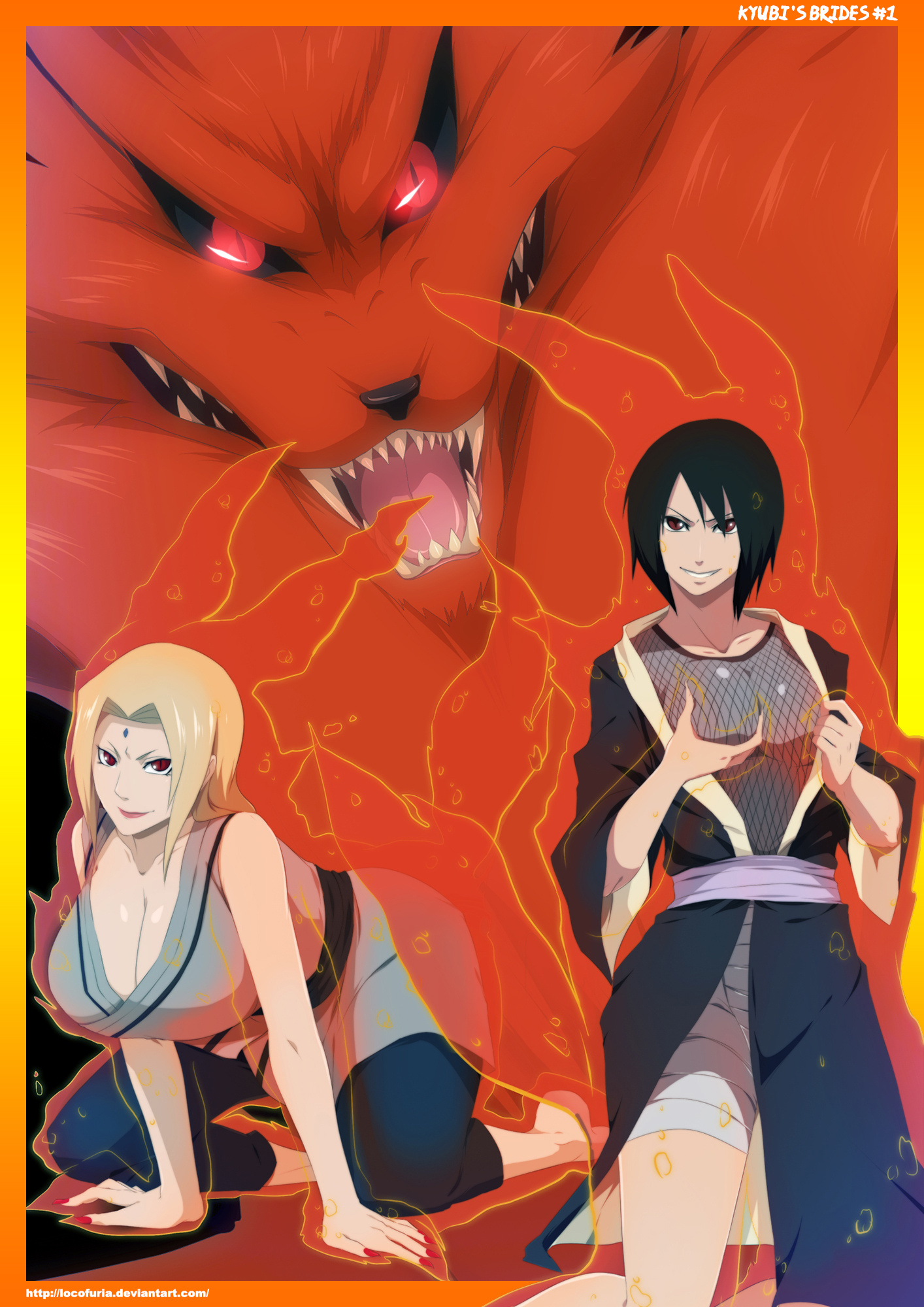 1animal, 2girls, absurdres, all fours, alternate eye color, aura, bare shoulders, barefoot, black hair, blonde hair, breast size difference, breasts, busty, chakra, cleavage cutout, clothing cutout, female, female focus, female only, genderswap, genderswap (otf), glowing eyes, highres, jacket, japanese clothes, jinchuriki, kimono, kurama, kurama (naruto), large breasts, locofuria, long hair, looking at viewer, medium breasts, multiple females, multiple girls, naruto, naruto (series), naruto shippuden, naughty, nine tailed fox, no bra, orange fur, pants, possessed, possession, presenting, presenting breasts, pussy, red eyes, shizune, short hair, shy, sideboob, smile, tailed beast, take your pick, teacher and student, thick thighs, thighs, tsunade, undressing, watermark, yukata