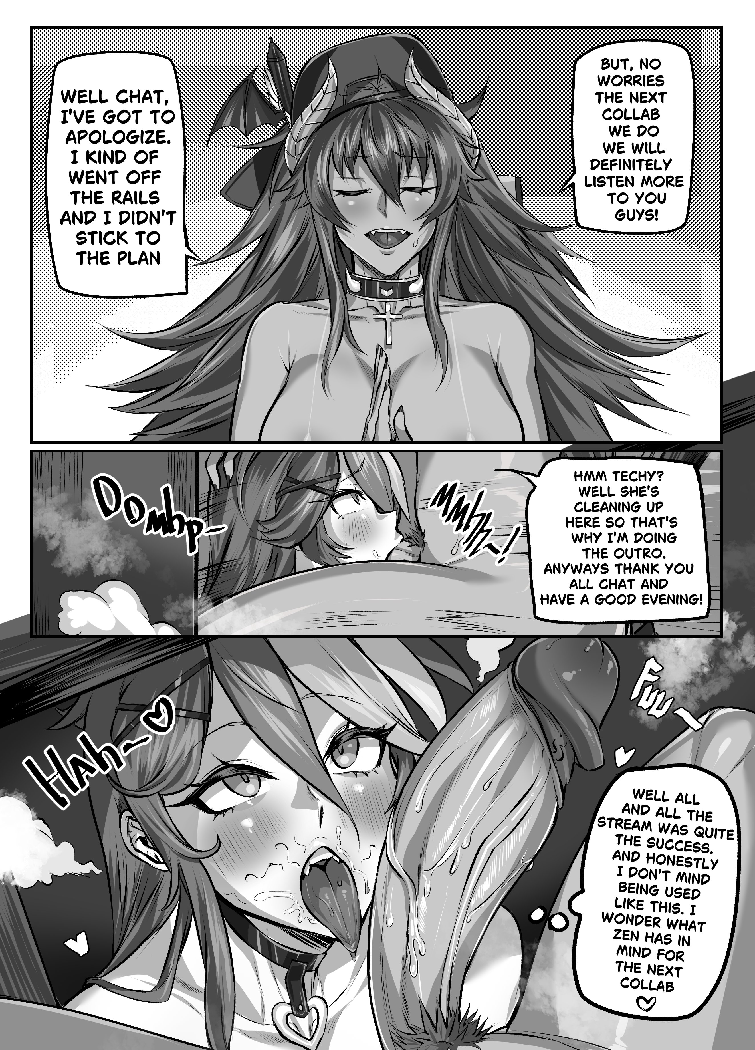1futa, 1girls, blowjob, blowjob under table, choker, closed eyes, comic, comic page, deepthroat, english text, fellatio, female, futa on female, futa pubic hair, futanari, hat, headwear, horns, indie virtual youtuber, intersex, long hair, looking at penis, lungnut, monochrome, open mouth, oral, oral penetration, oral sex, penis, pubic hair, speech bubble, techycutie, text, thought bubble, tongue, tongue out, under the table, virtual youtuber, zentreya, zentreya (dragon)